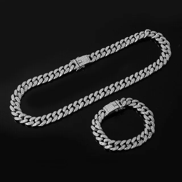 1Set 13MM Full Iced Out Paved Rhinestones Cuban Chain CZ Set For Men