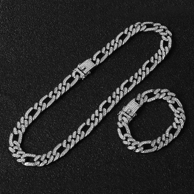 1Set 13MM Full Iced Out Paved Rhinestones Cuban Chain CZ Set For Men