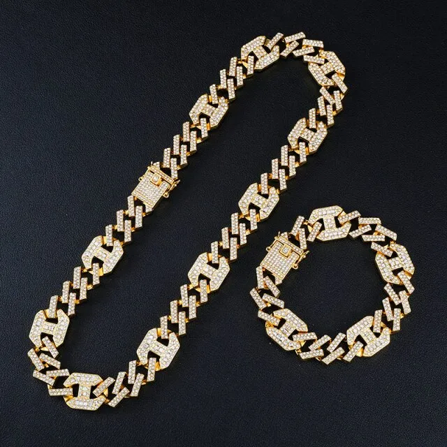 1Set 13MM Full Iced Out Paved Rhinestones Cuban Chain CZ Set For Men