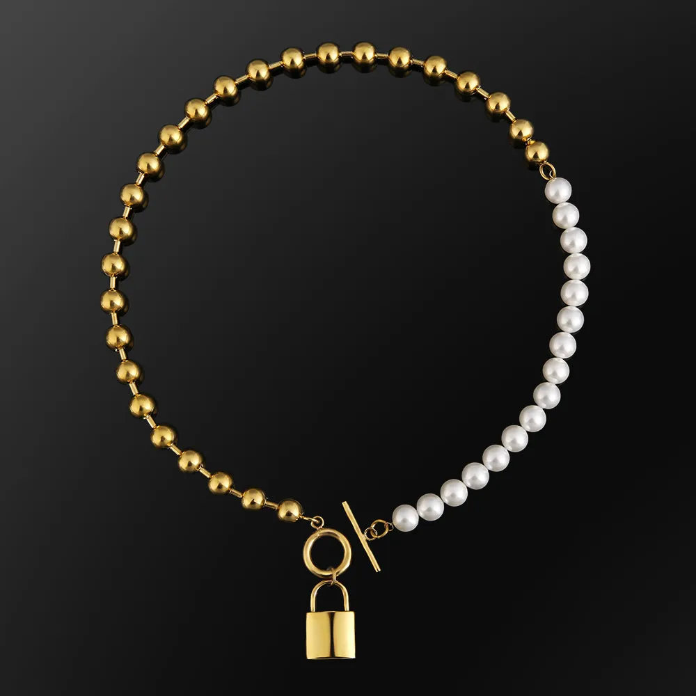 Women Pearl Necklace  Bead Chain with Lock Pendant White Gold/Yellow Gold