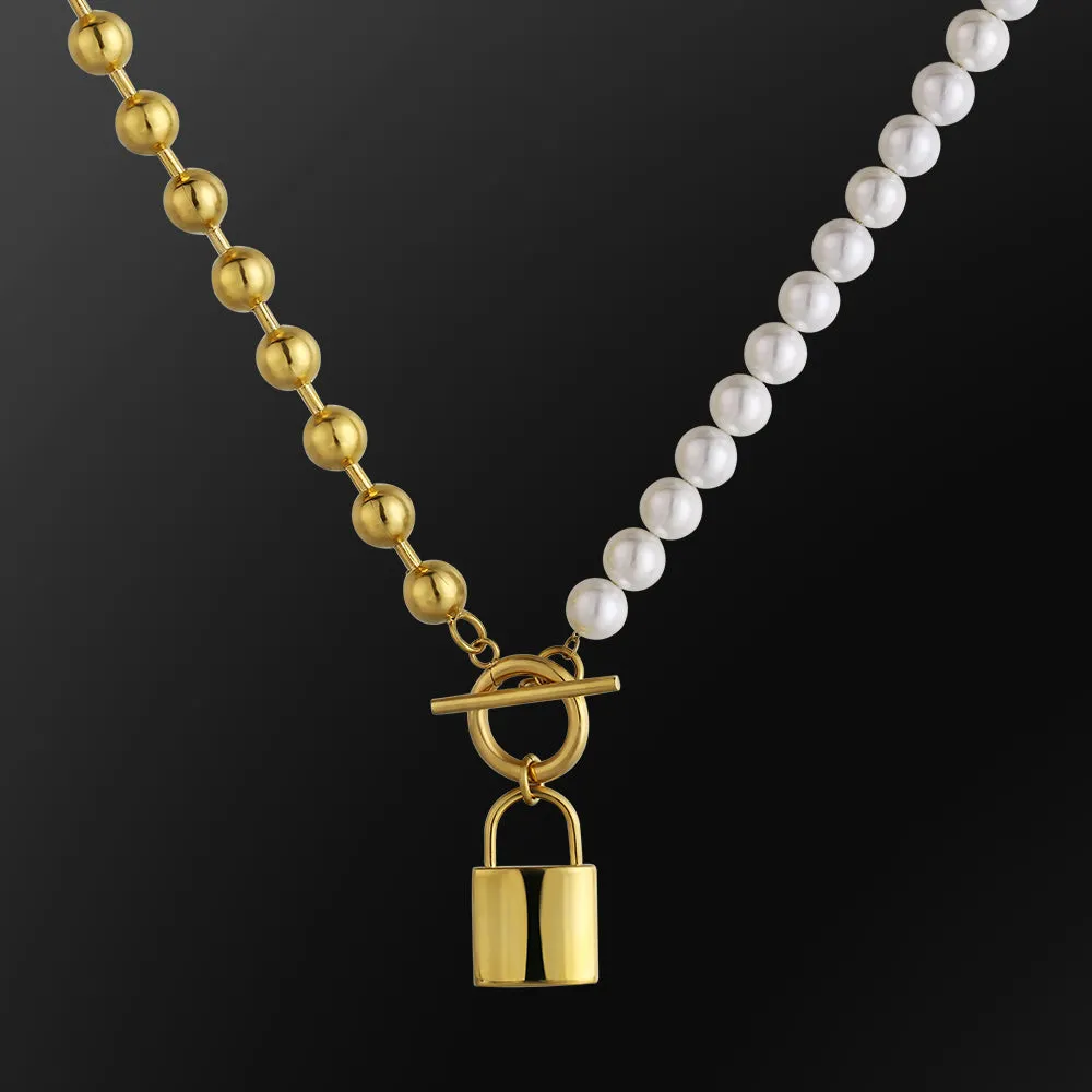 Women Pearl Necklace  Bead Chain with Lock Pendant White Gold/Yellow Gold