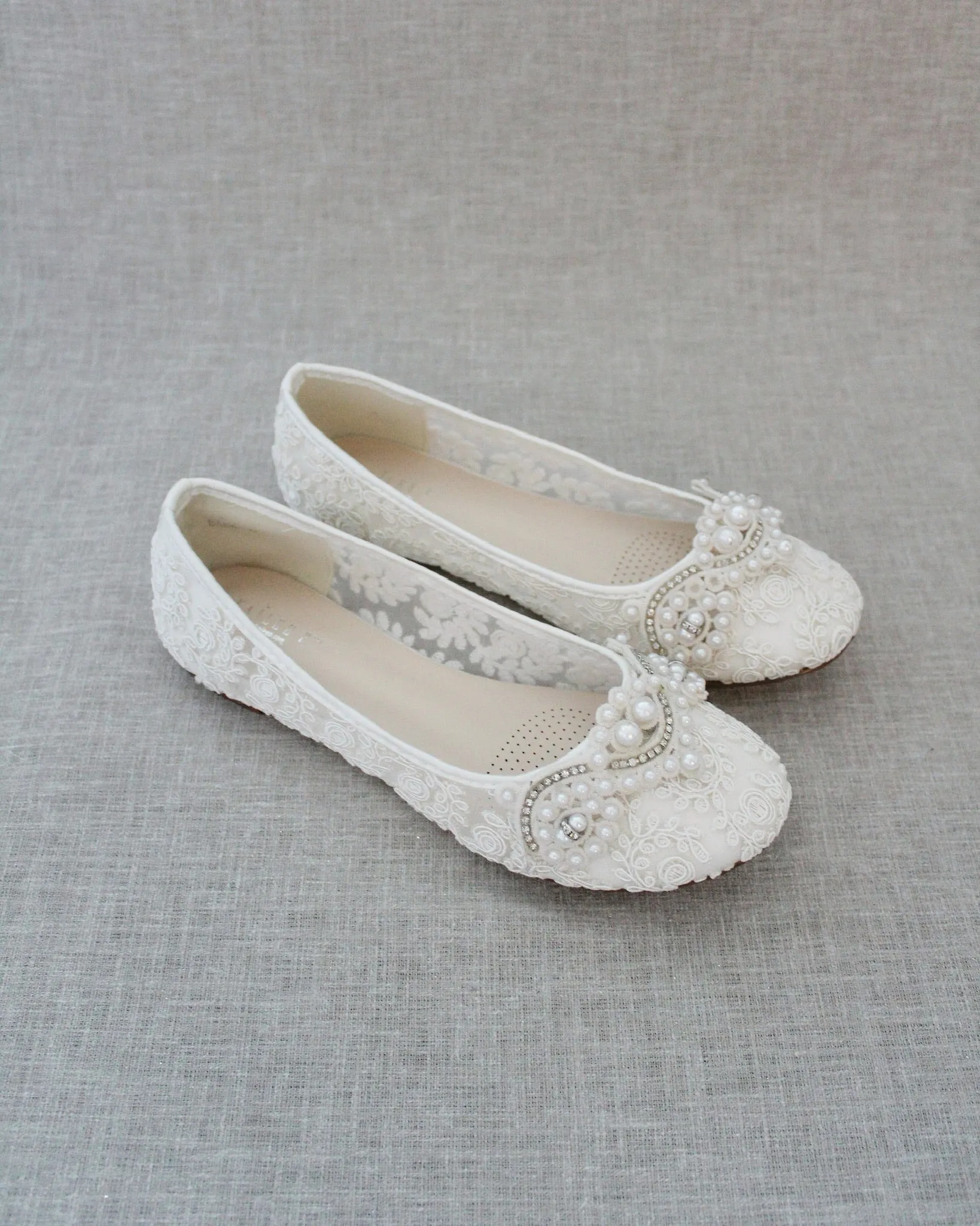 Ivory Lace Round Toe Flats with Small Pearls Applique