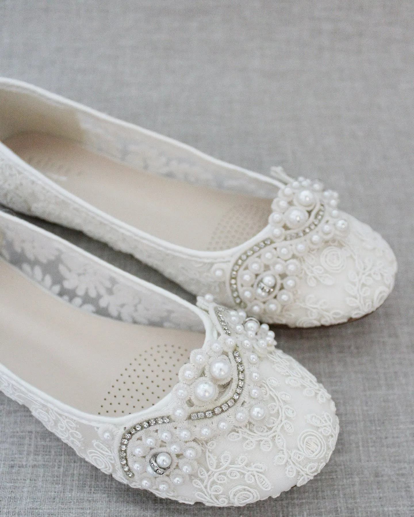 Ivory Lace Round Toe Flats with Small Pearls Applique