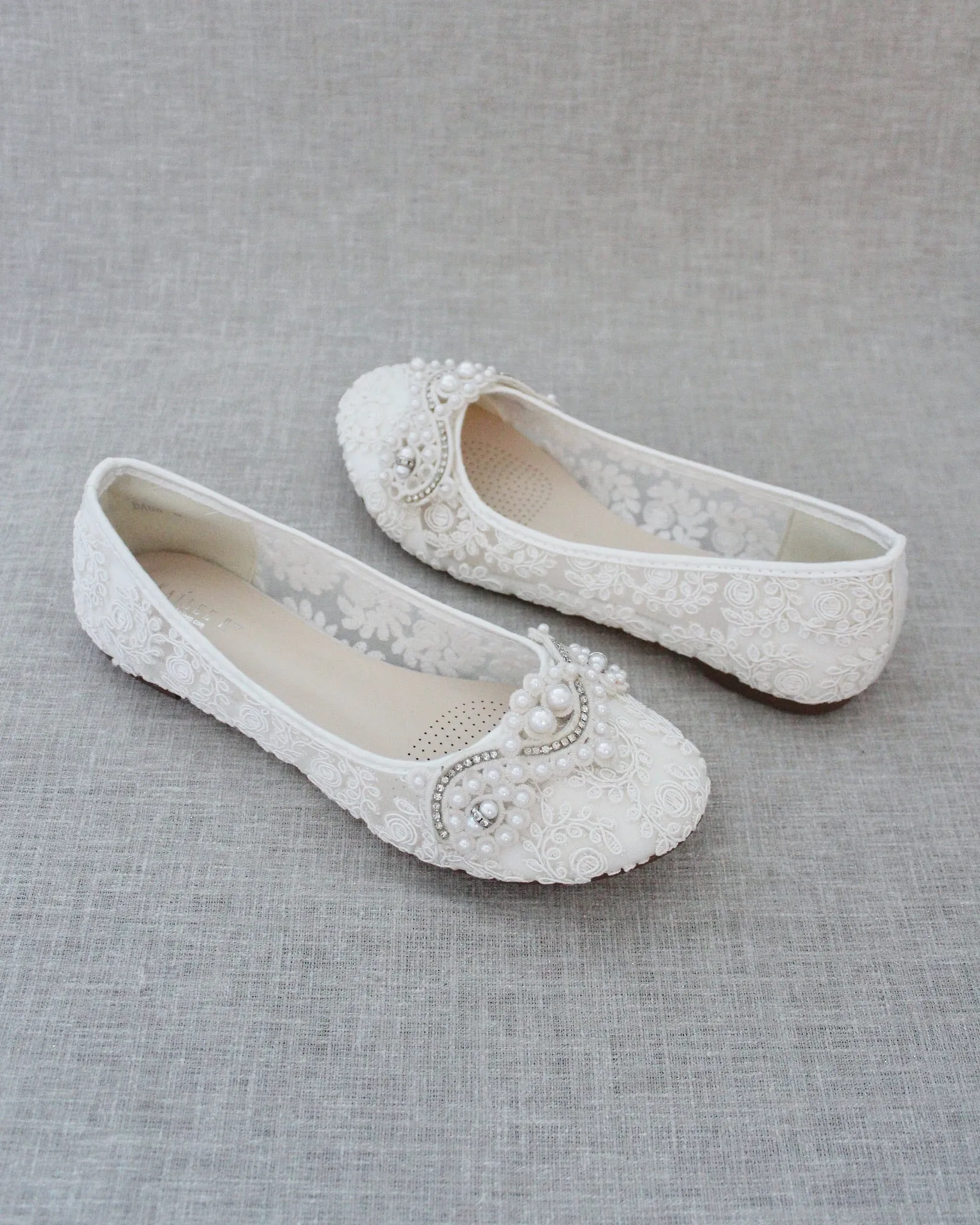 Ivory Lace Round Toe Flats with Small Pearls Applique