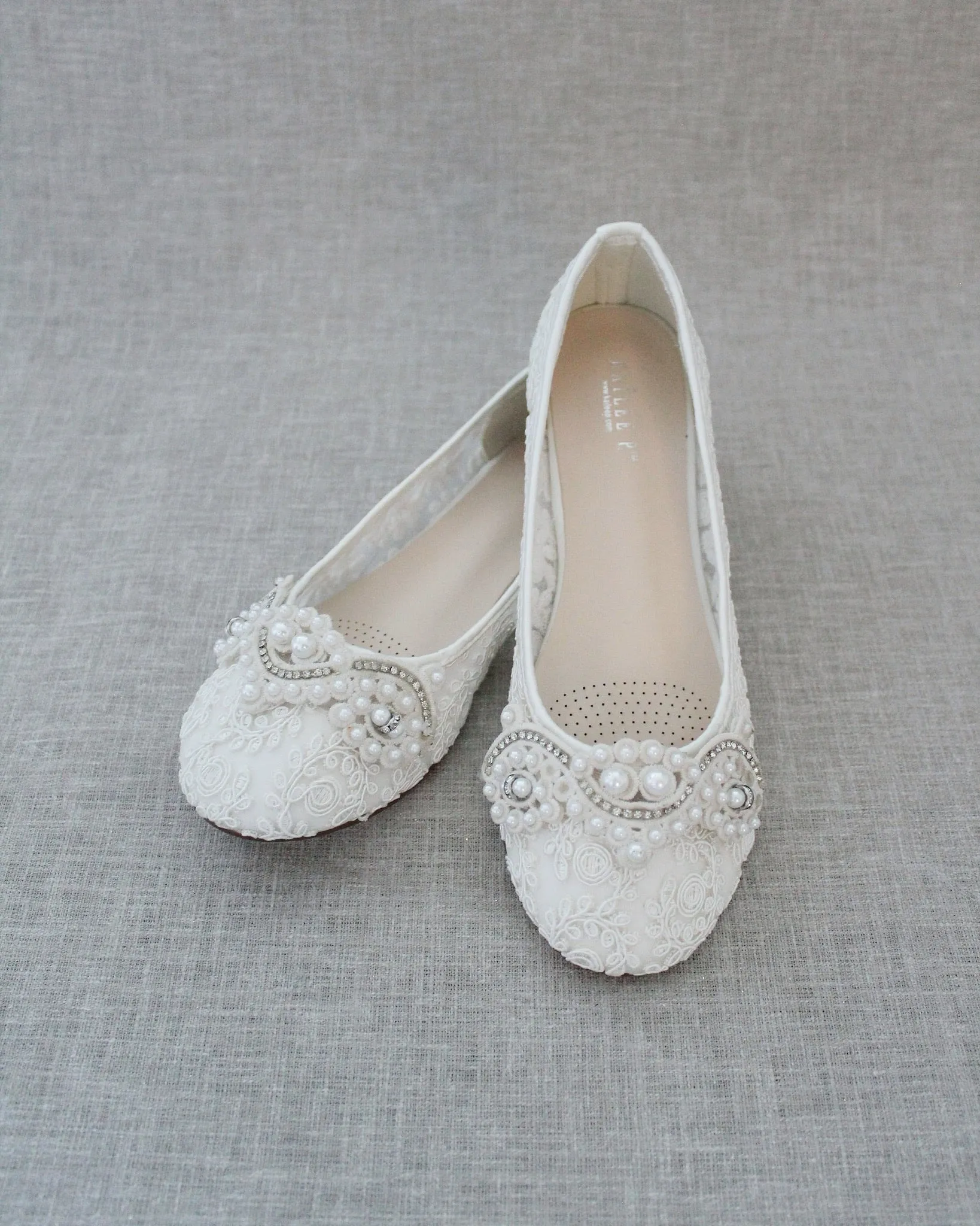 Ivory Lace Round Toe Flats with Small Pearls Applique