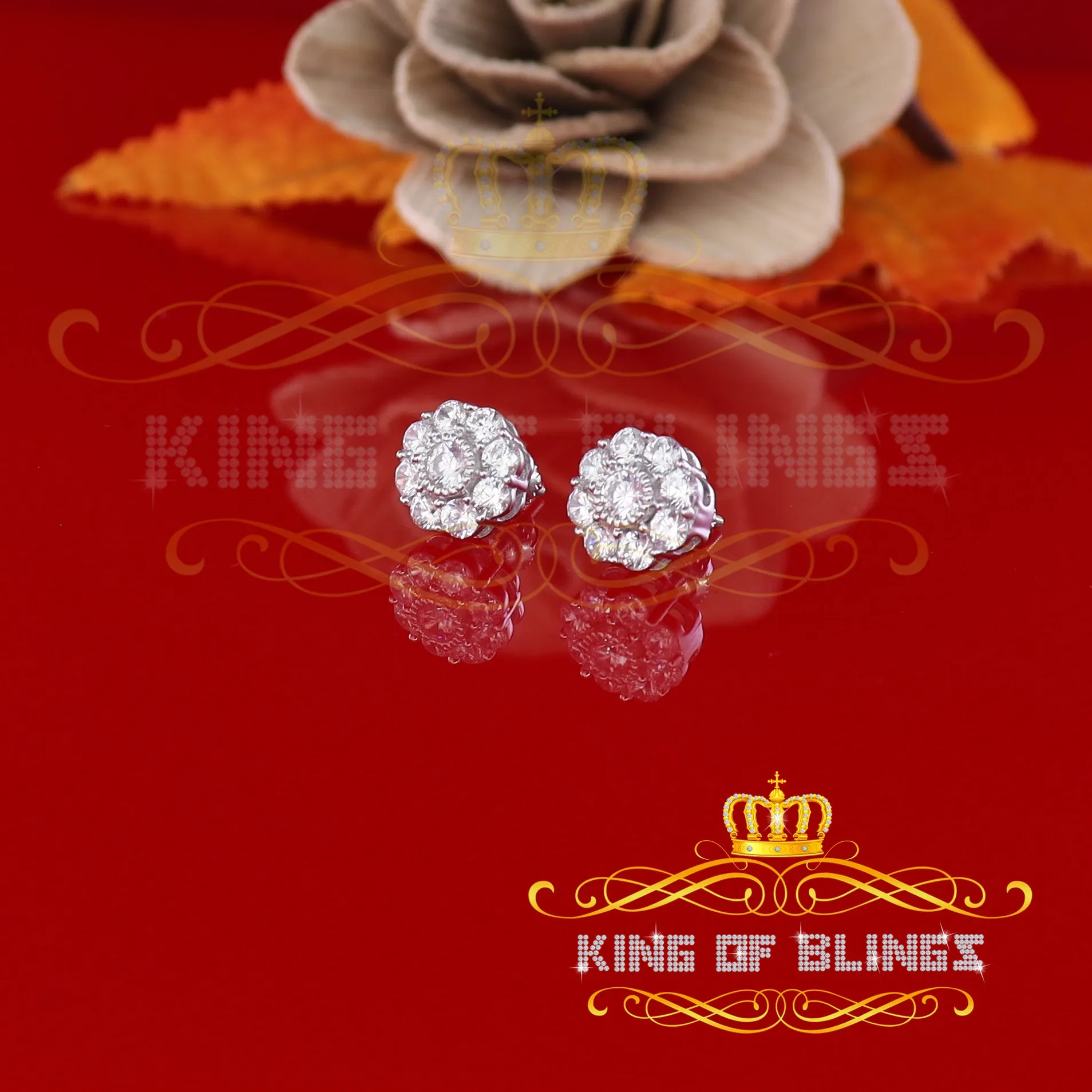 King of Blings- 925 White Sterling Silver 2.88ct Cubic Zirconia Women's Hip Hop Floral Earrings