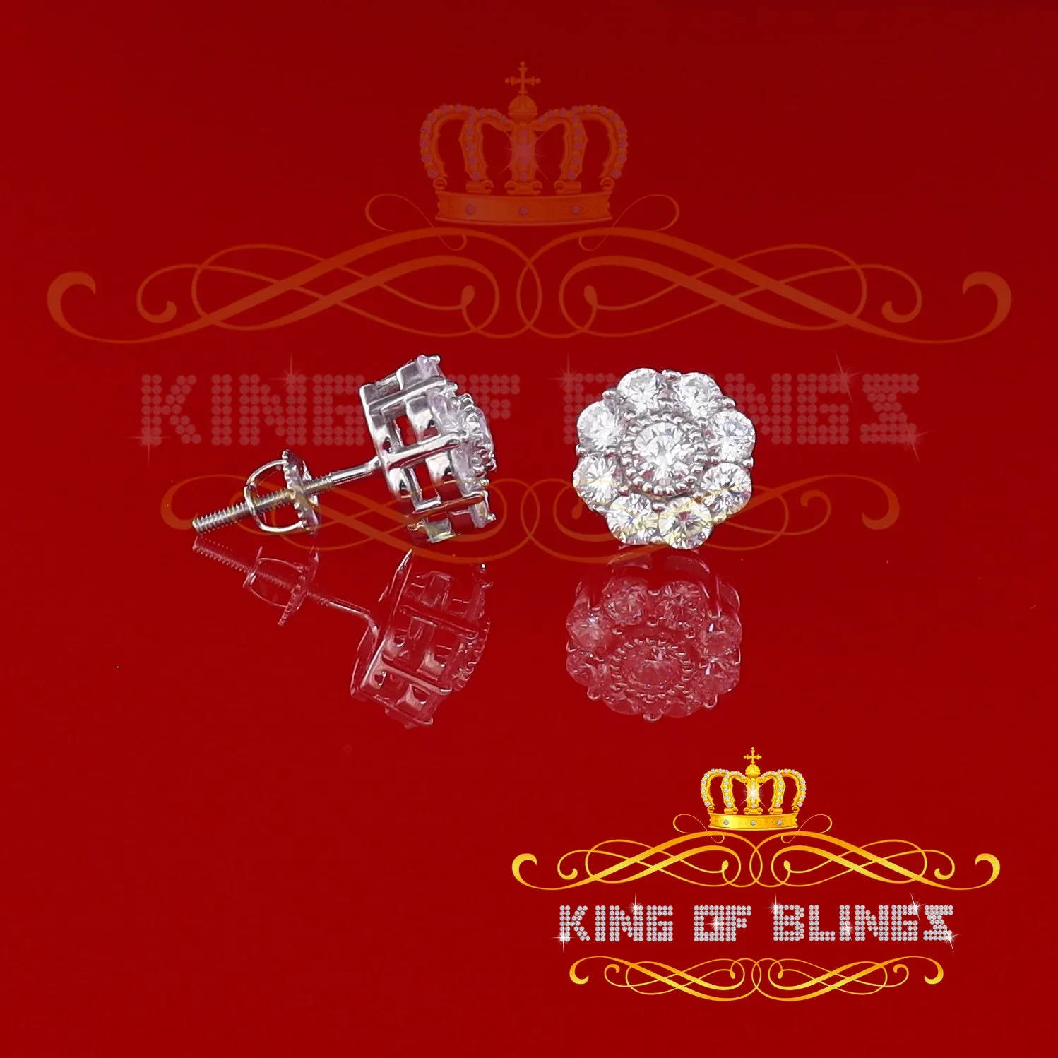 King of Blings- 925 White Sterling Silver 2.88ct Cubic Zirconia Women's Hip Hop Floral Earrings