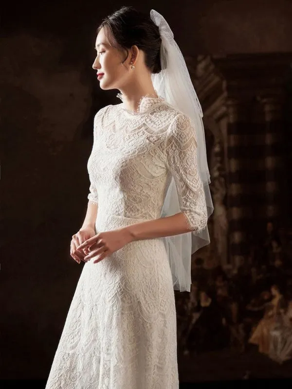 White Simple Wedding Dress A-Line Jewel Neck Half Sleeves Lace Tea Length Bridal Gowns