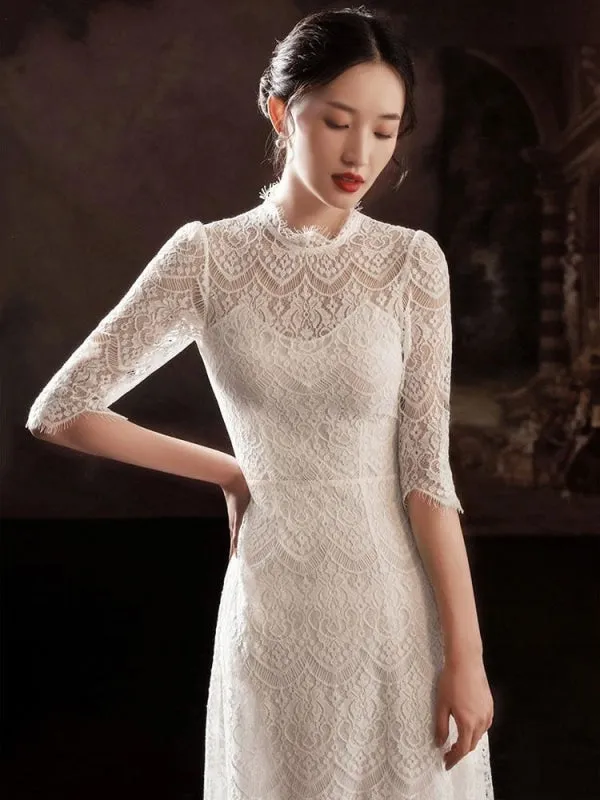 White Simple Wedding Dress A-Line Jewel Neck Half Sleeves Lace Tea Length Bridal Gowns