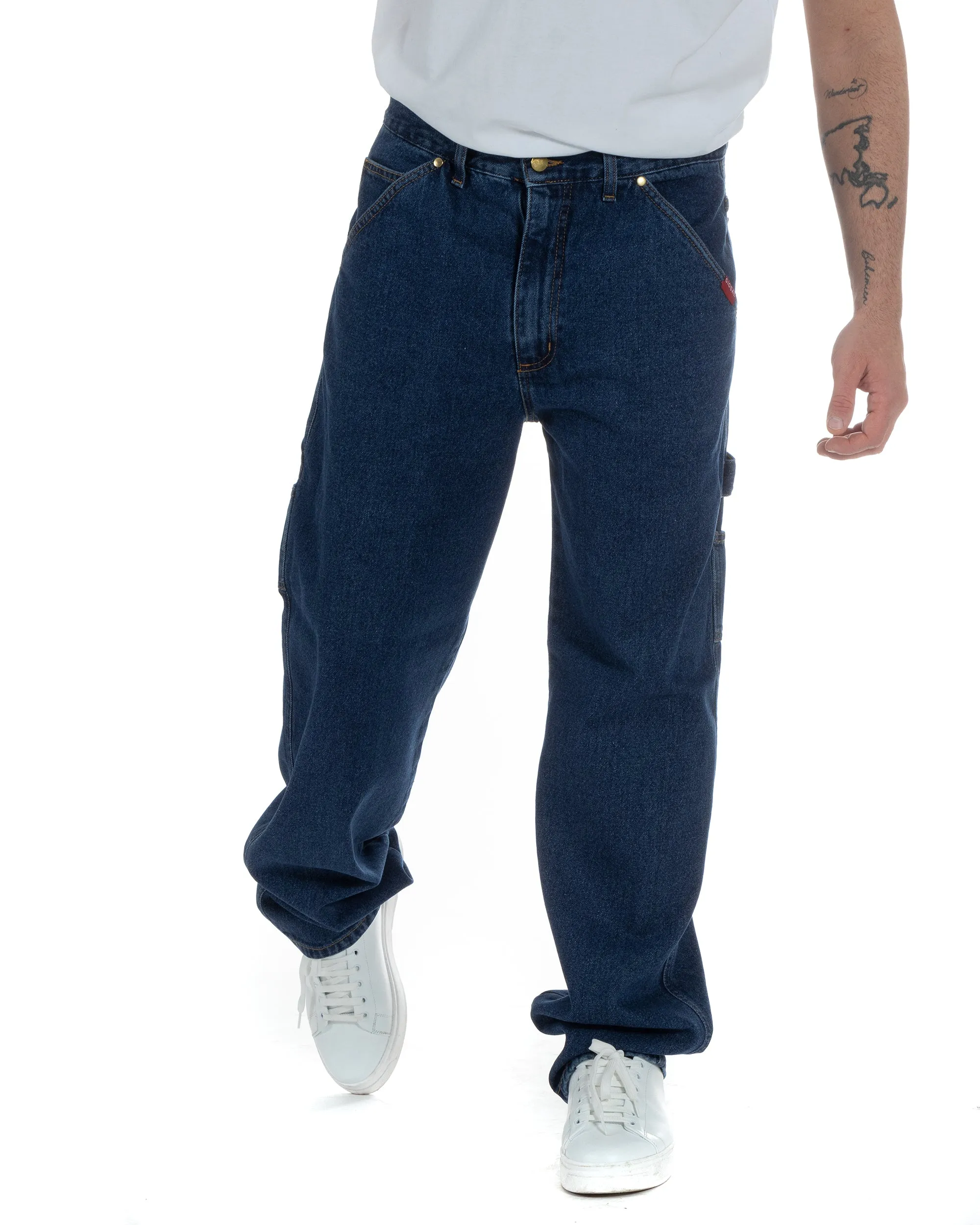 Pantaloni Jeans Uomo Baggy Fit Carpenter Worker Cargo Denim Scuro GIOSAL-P5988A