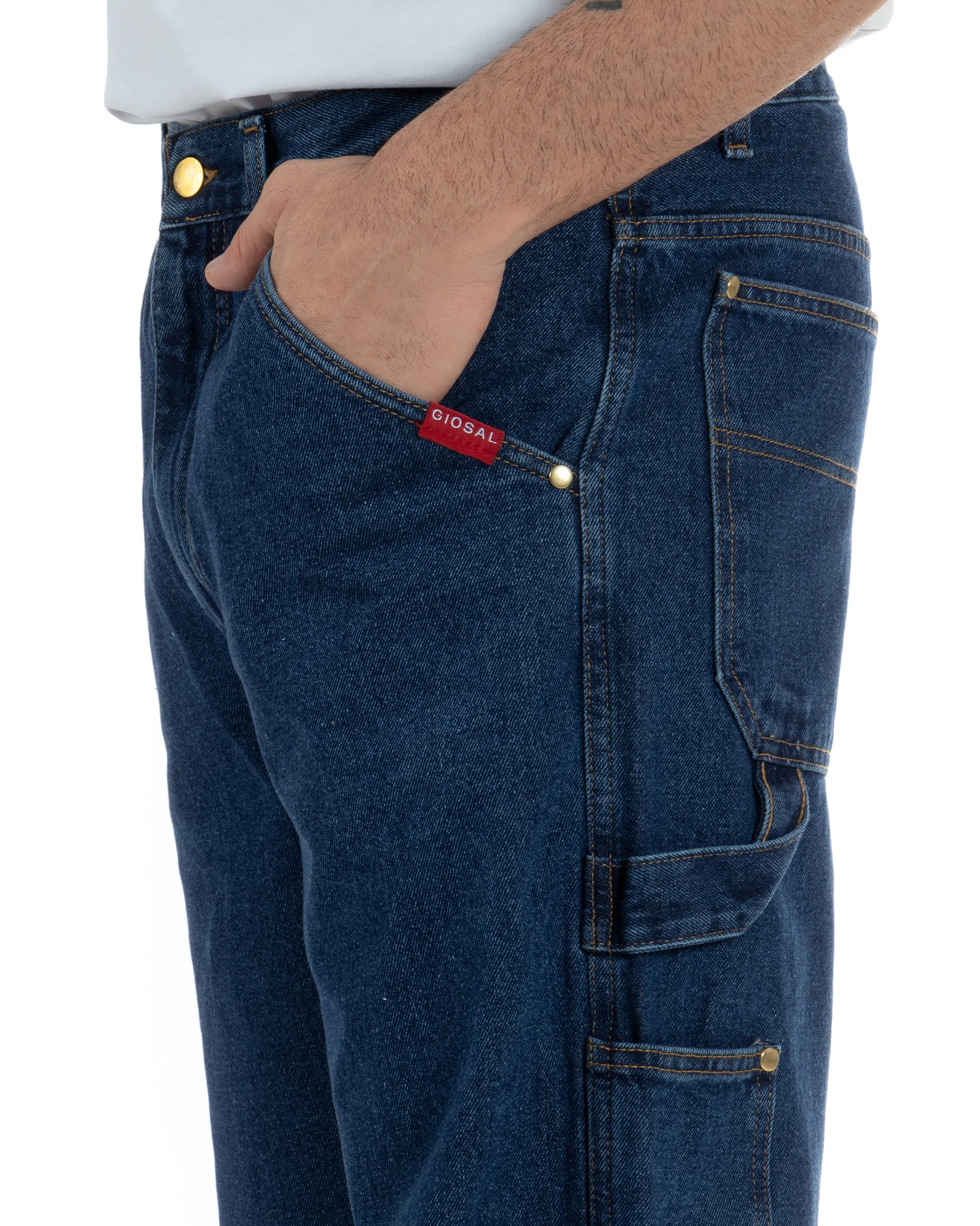 Pantaloni Jeans Uomo Baggy Fit Carpenter Worker Cargo Denim Scuro GIOSAL-P5988A