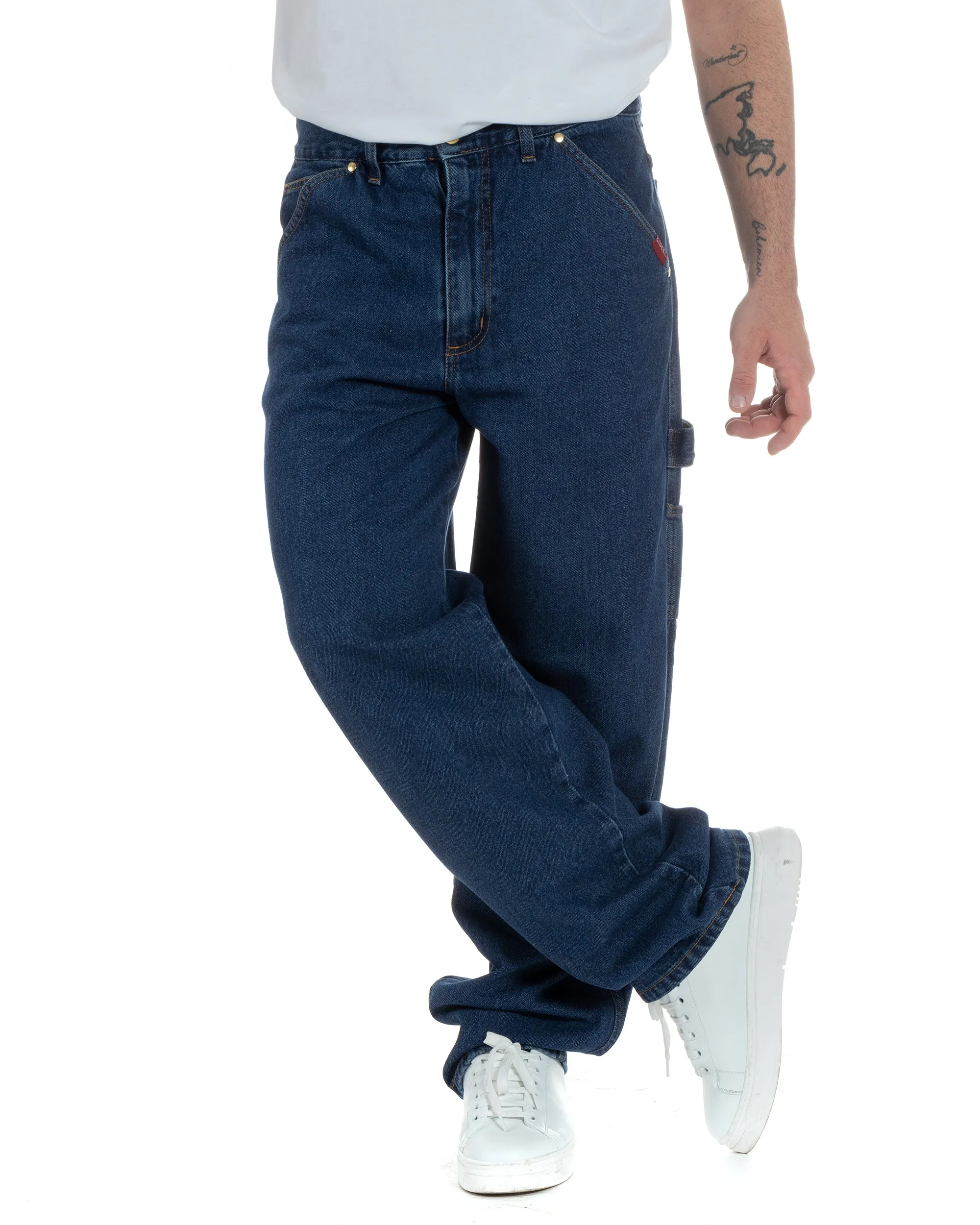 Pantaloni Jeans Uomo Baggy Fit Carpenter Worker Cargo Denim Scuro GIOSAL-P5988A