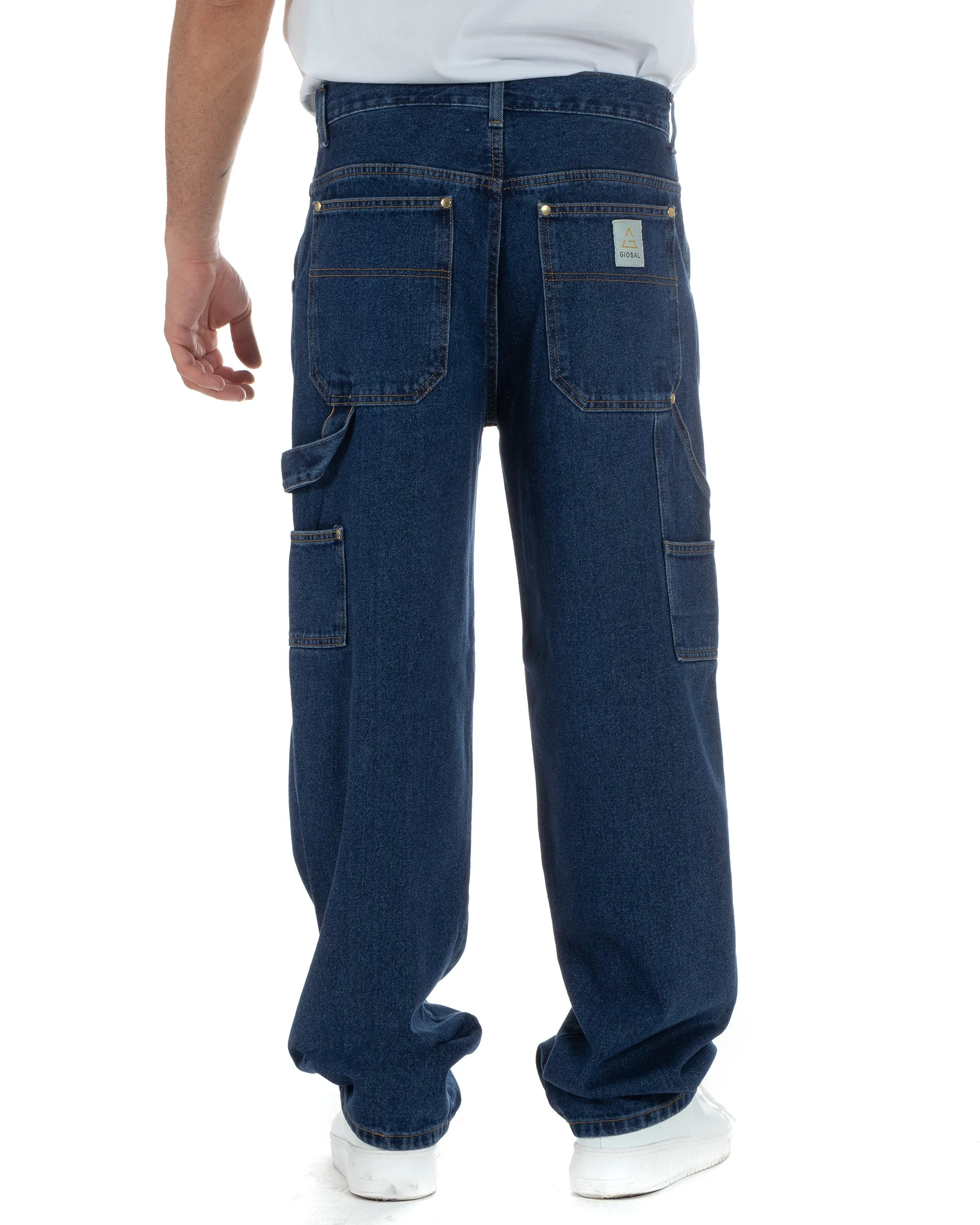 Pantaloni Jeans Uomo Baggy Fit Carpenter Worker Cargo Denim Scuro GIOSAL-P5988A