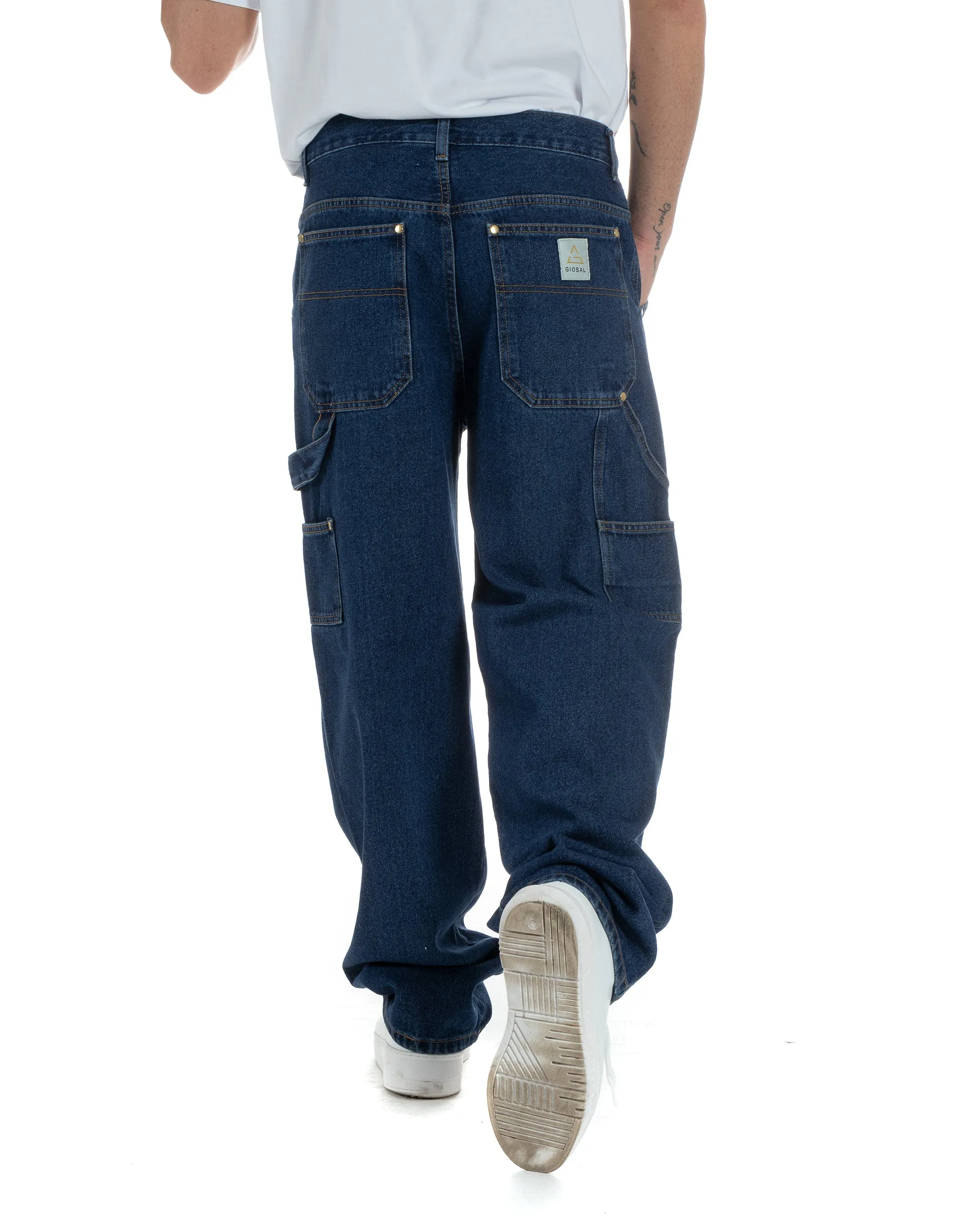 Pantaloni Jeans Uomo Baggy Fit Carpenter Worker Cargo Denim Scuro GIOSAL-P5988A