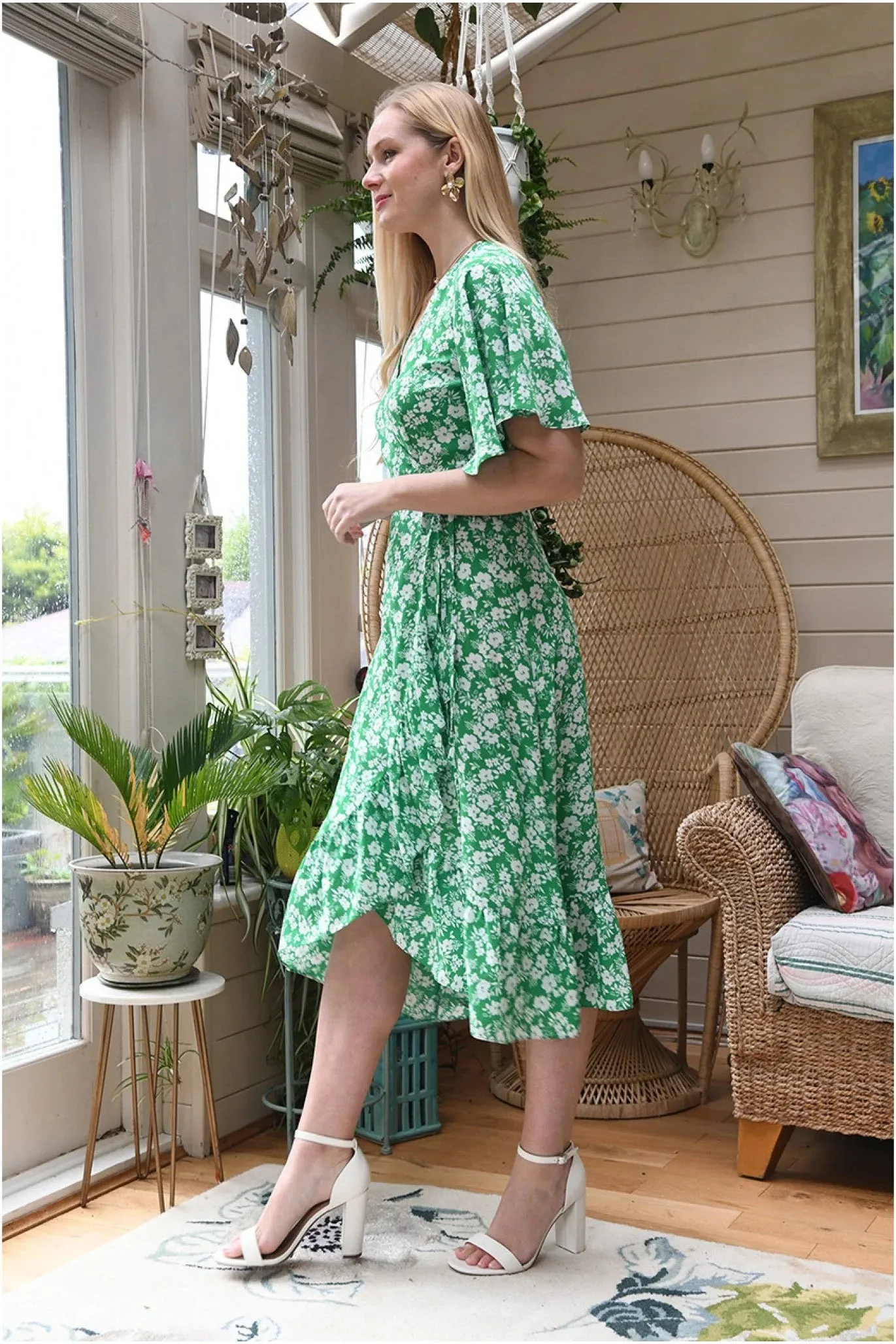 Mela London Green Ditsy Daisy Wrap Effect Frill Dress