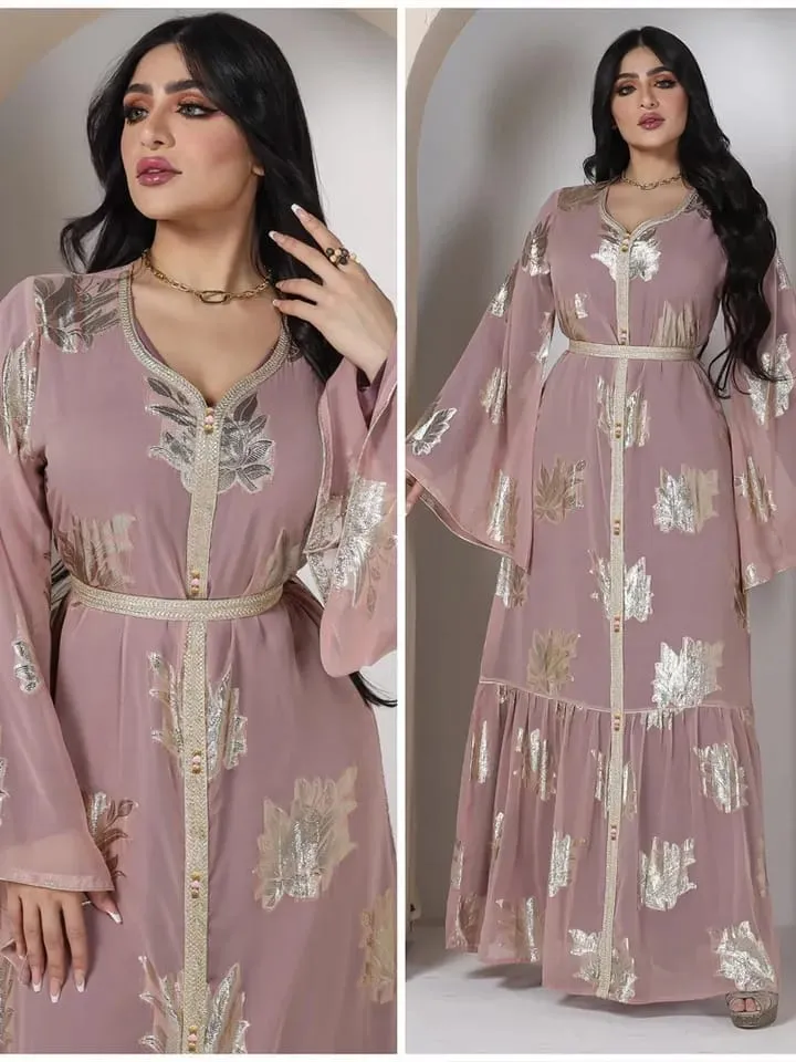 Floral Gold Stamping Chiffon Kaftans for Women Dubai Arabic Dress Moroccan Evening Party Wedding Abaya Islam Muslim Eid Jalabiya S4580818