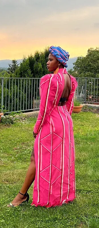 Leona Pink Kente High Slit Long Dress