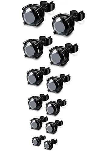 6 Pairs Stainless Steel Men Women Stud Earrings Cubic Zirconia Piercing Black 22G