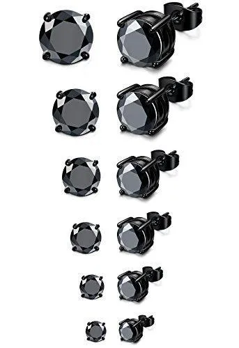 6 Pairs Stainless Steel Men Women Stud Earrings Cubic Zirconia Piercing Black 22G