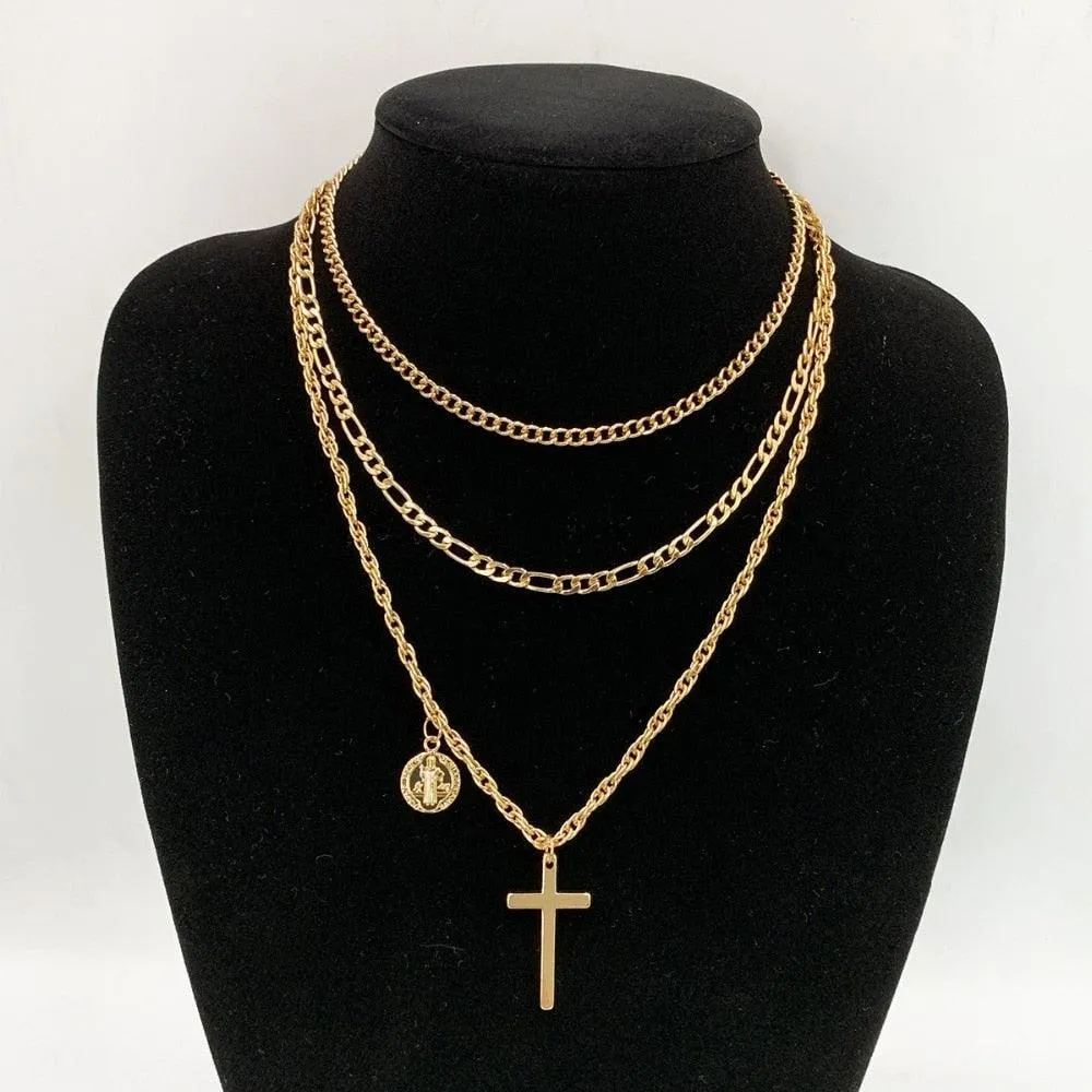 Virgin Mary and Cross Pendant Necklace