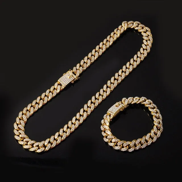 Iced Out Paved Rhinestone 1Set 13MM  CZ Bling Chain for Men