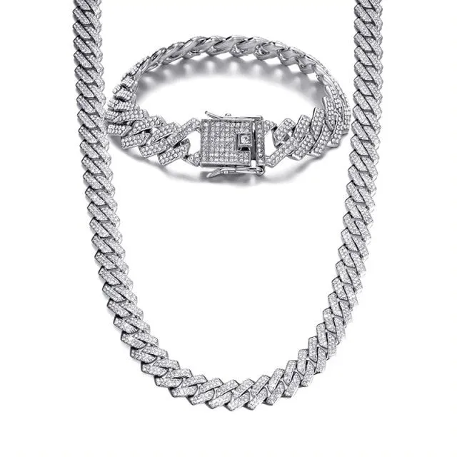 Iced Out Paved Rhinestone 1Set 13MM  CZ Bling Chain for Men