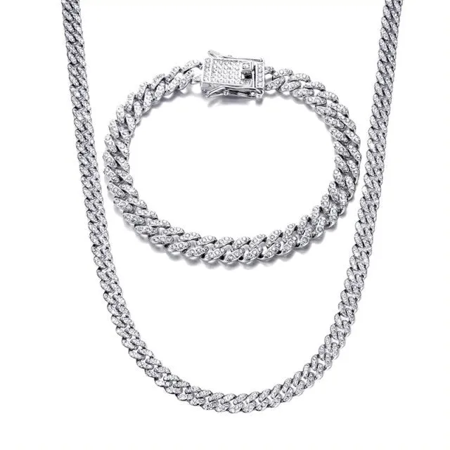 Iced Out Paved Rhinestone 1Set 13MM  CZ Bling Chain for Men