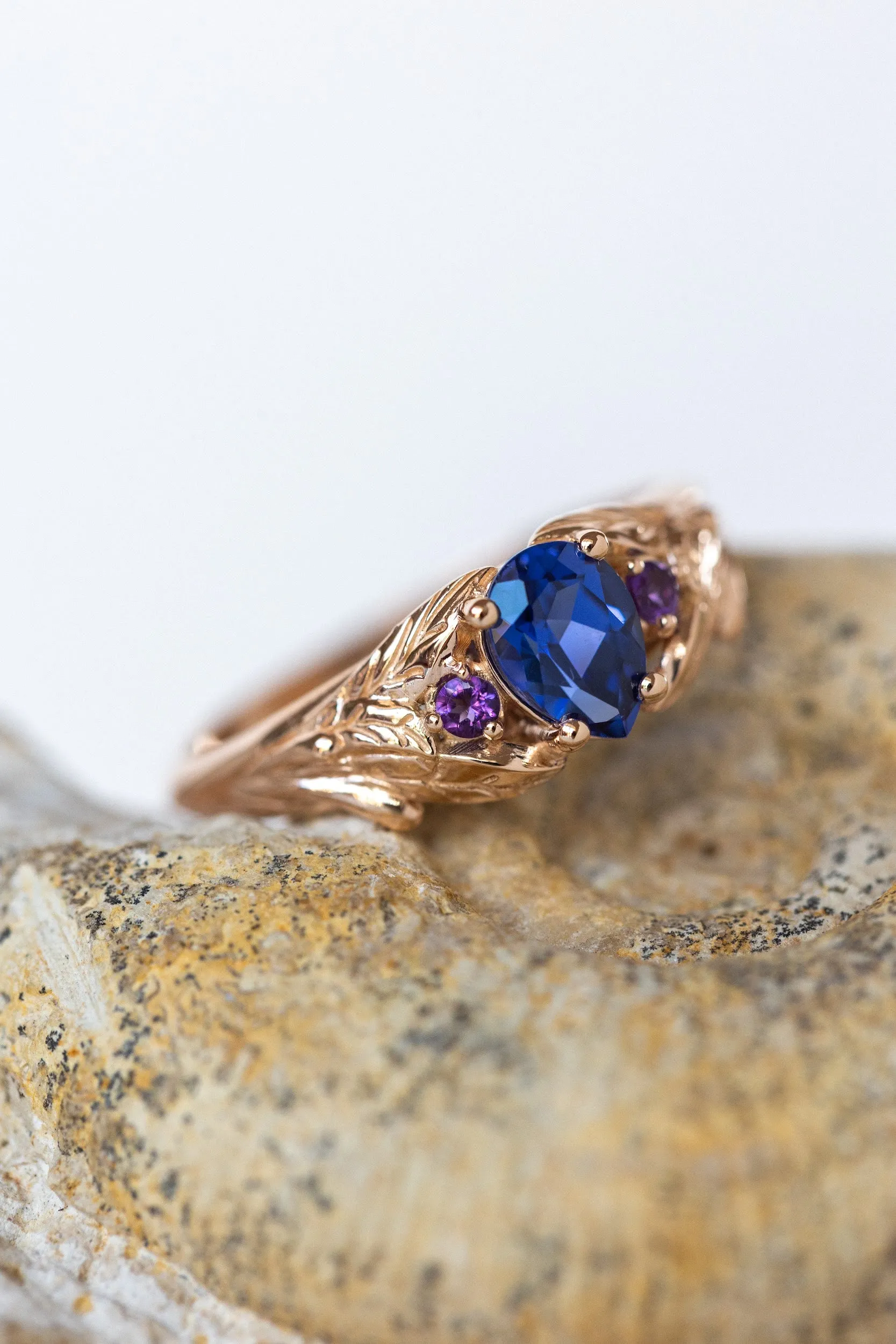 Lab blue sapphire engagement ring with side natural amethysts / Wisteria