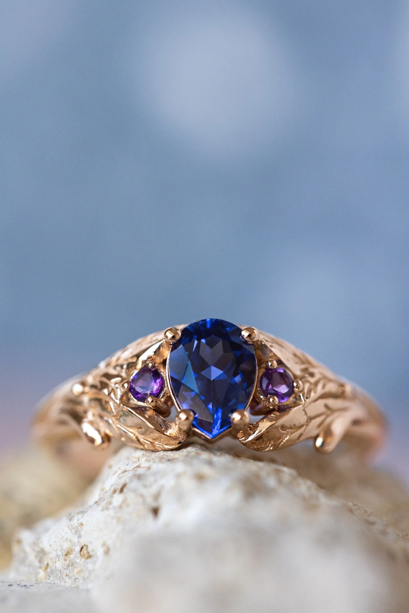 Lab blue sapphire engagement ring with side natural amethysts / Wisteria