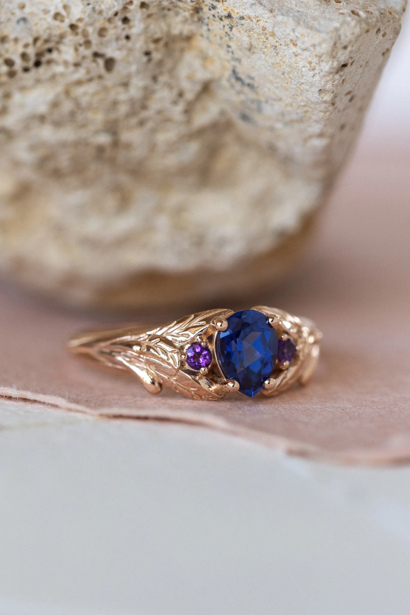 Lab blue sapphire engagement ring with side natural amethysts / Wisteria