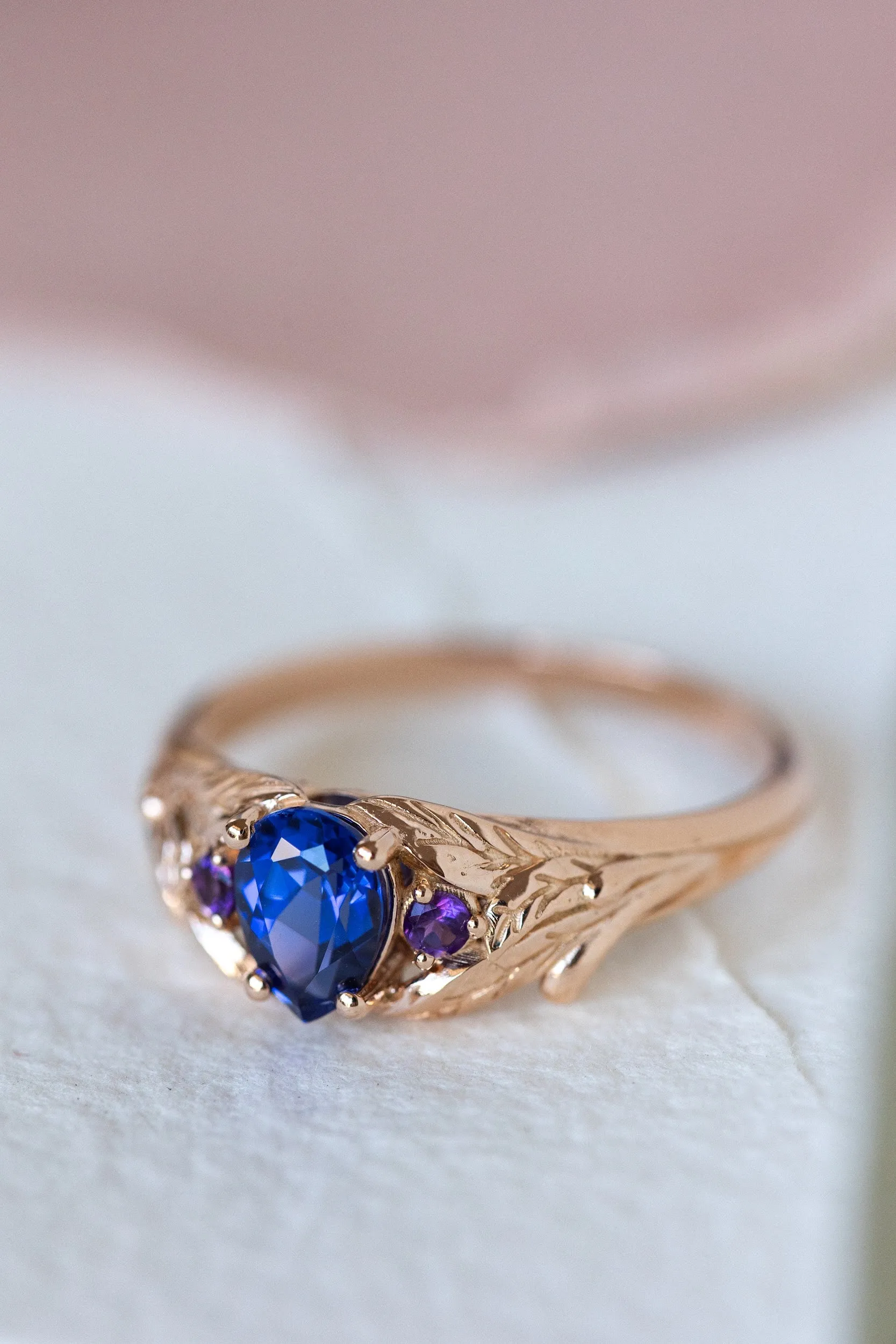 Lab blue sapphire engagement ring with side natural amethysts / Wisteria