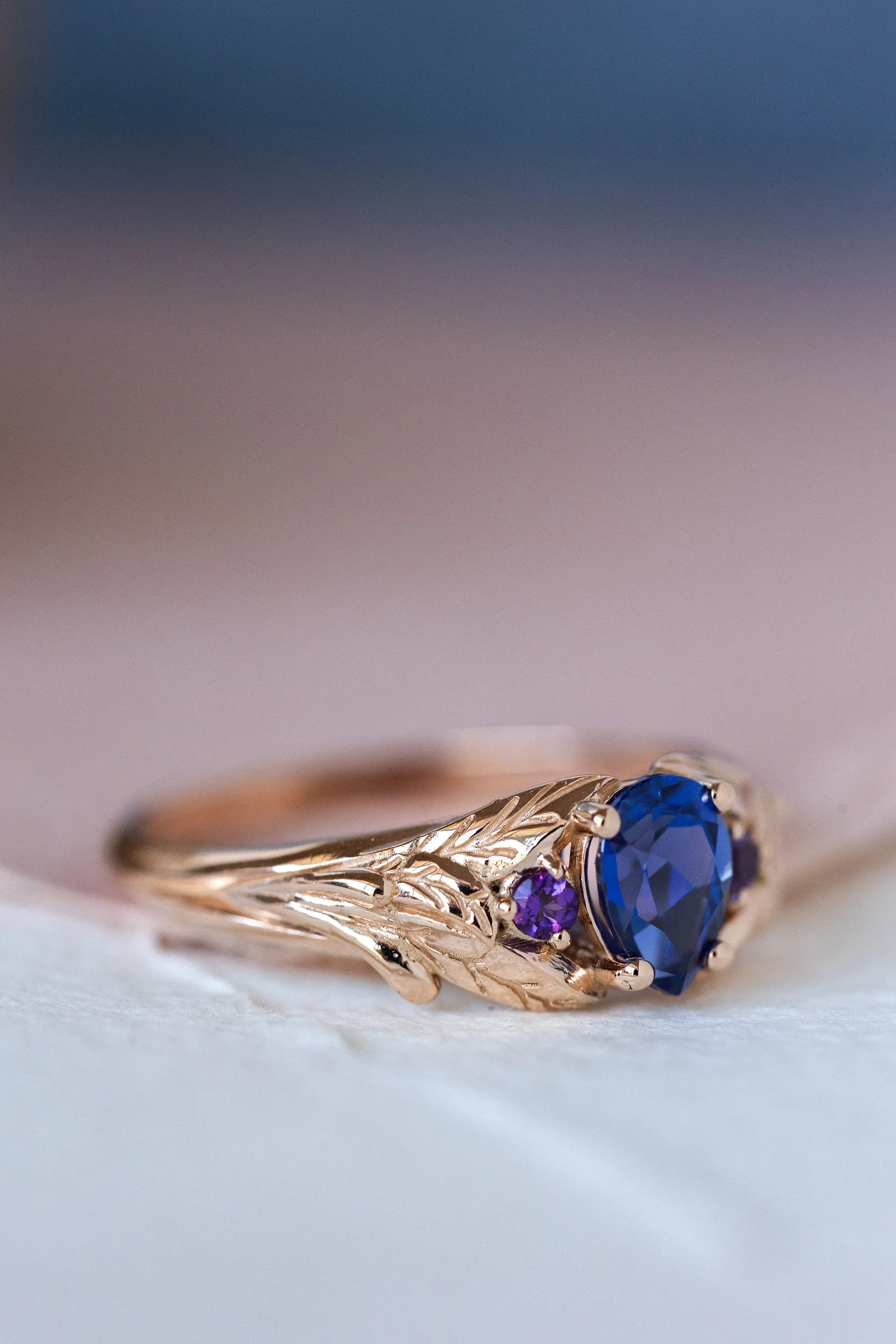 Lab blue sapphire engagement ring with side natural amethysts / Wisteria