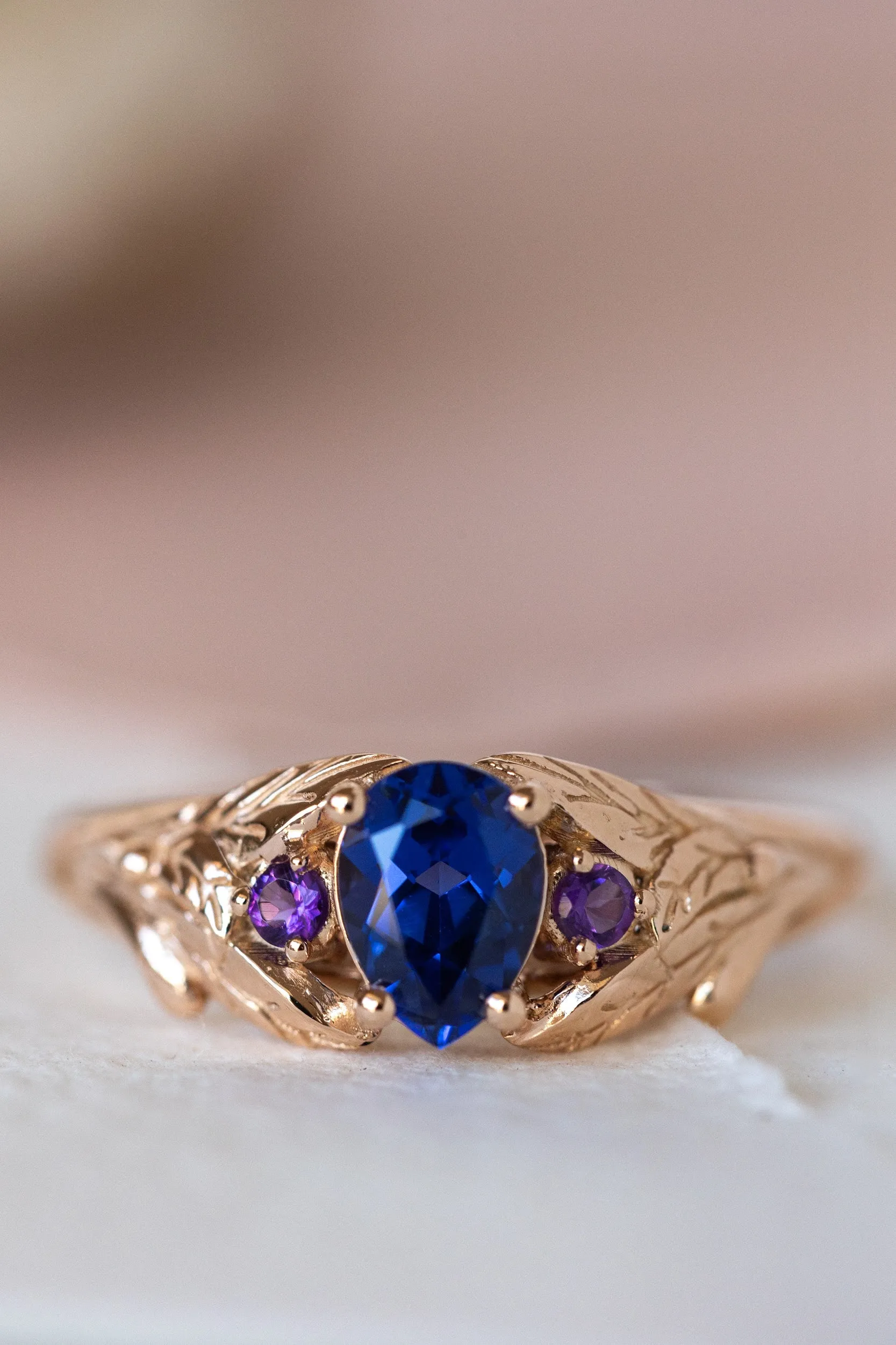 Lab blue sapphire engagement ring with side natural amethysts / Wisteria