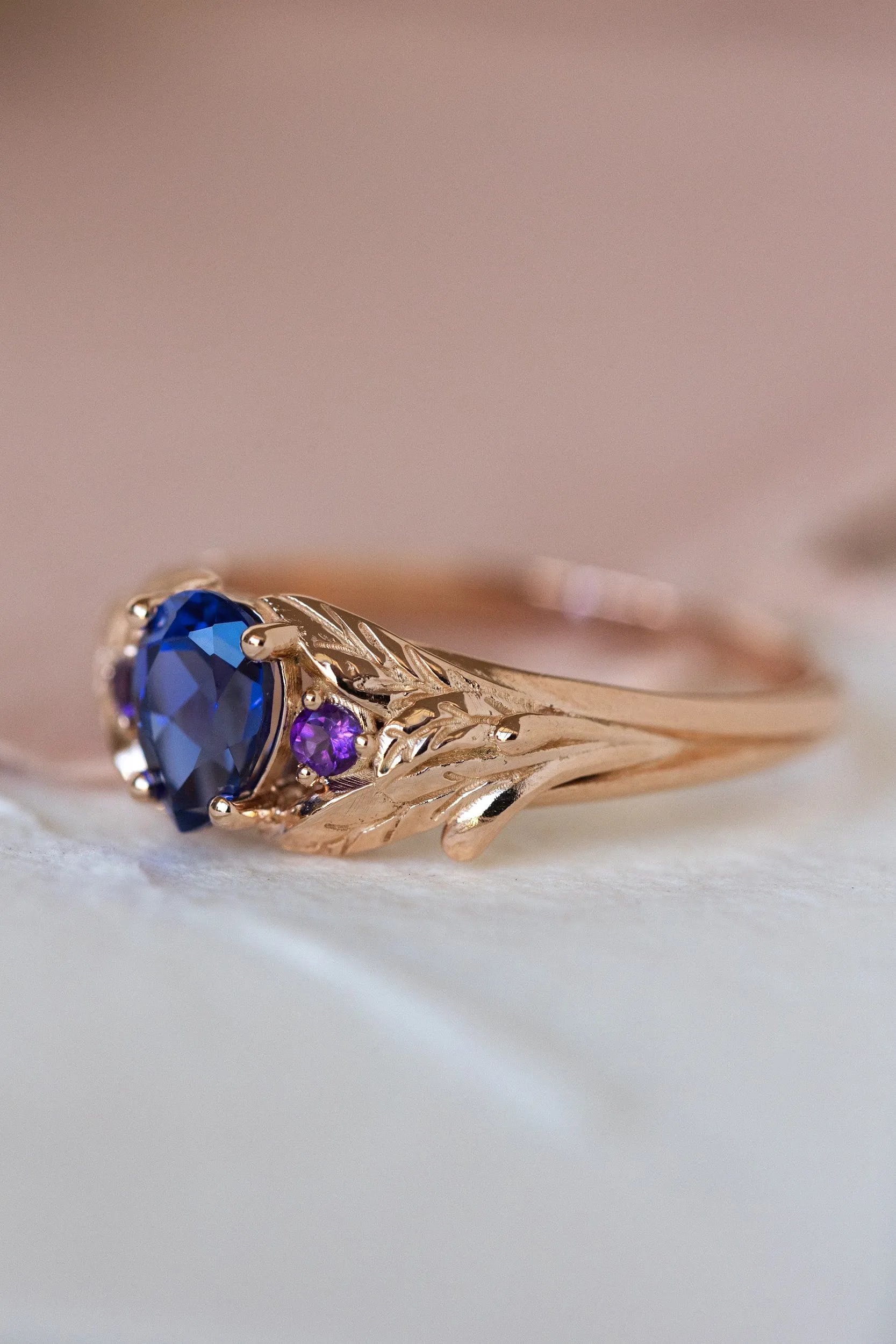 Lab blue sapphire engagement ring with side natural amethysts / Wisteria