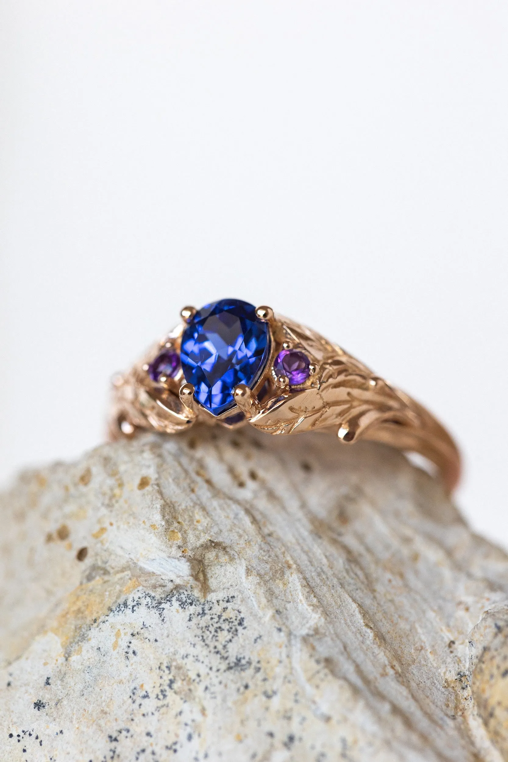 Lab blue sapphire engagement ring with side natural amethysts / Wisteria