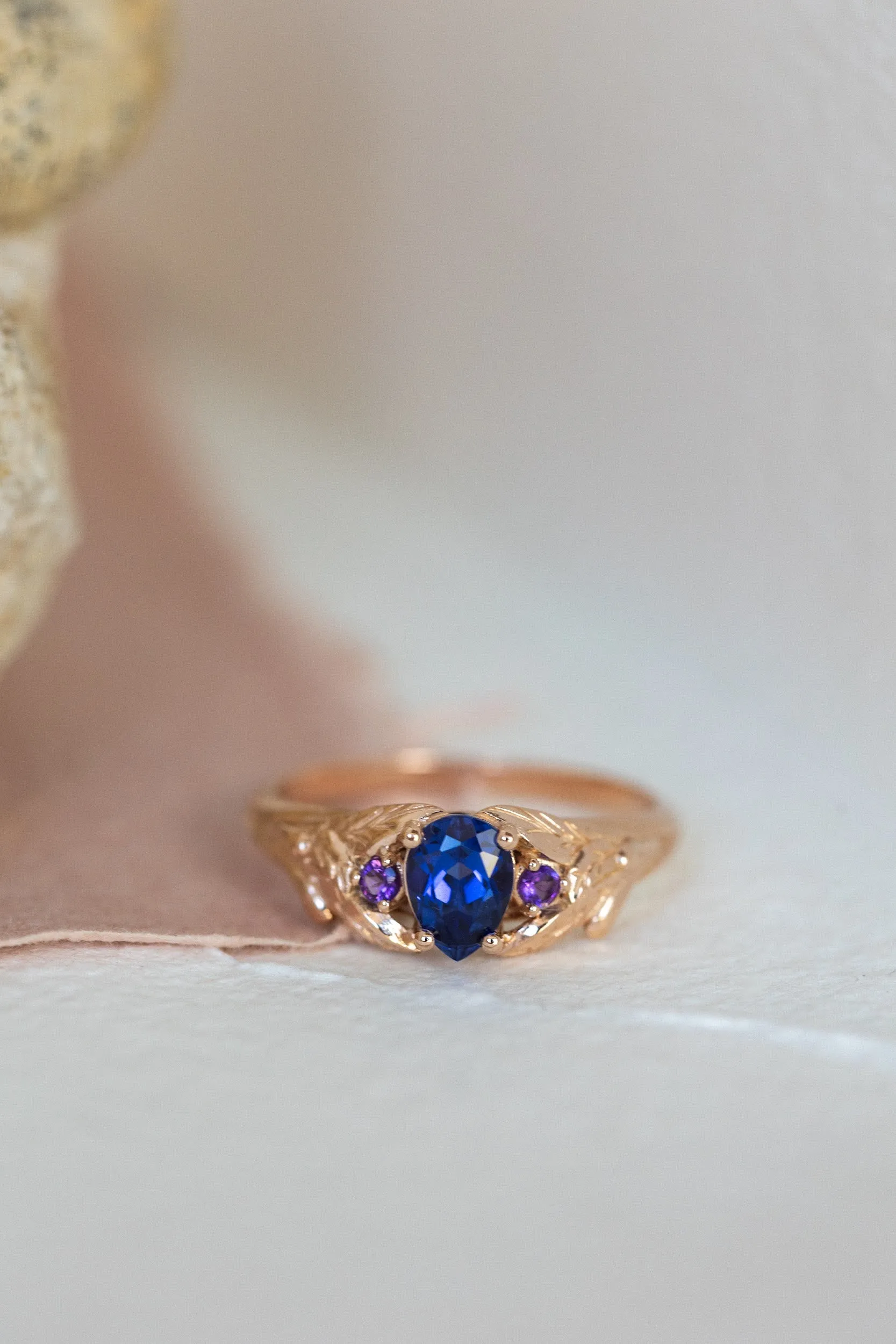 Lab blue sapphire engagement ring with side natural amethysts / Wisteria