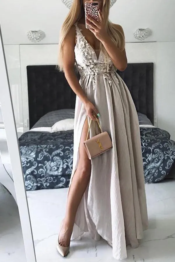 A Line Floor Length Deep V Neck Sleeveless Side Slit Prom Dresses