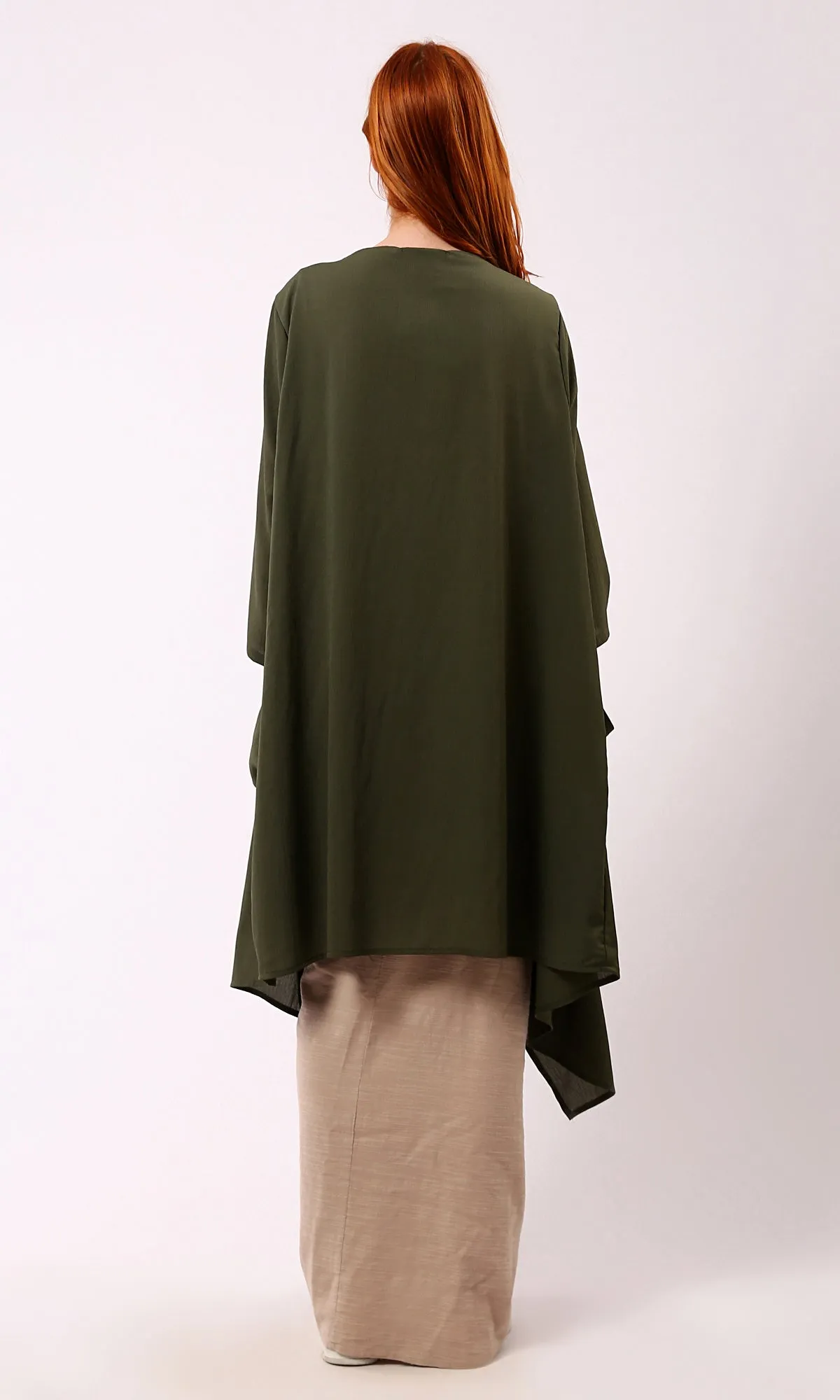 O188299 Asymmetric Neckline Loose Dark Olive Cardigan