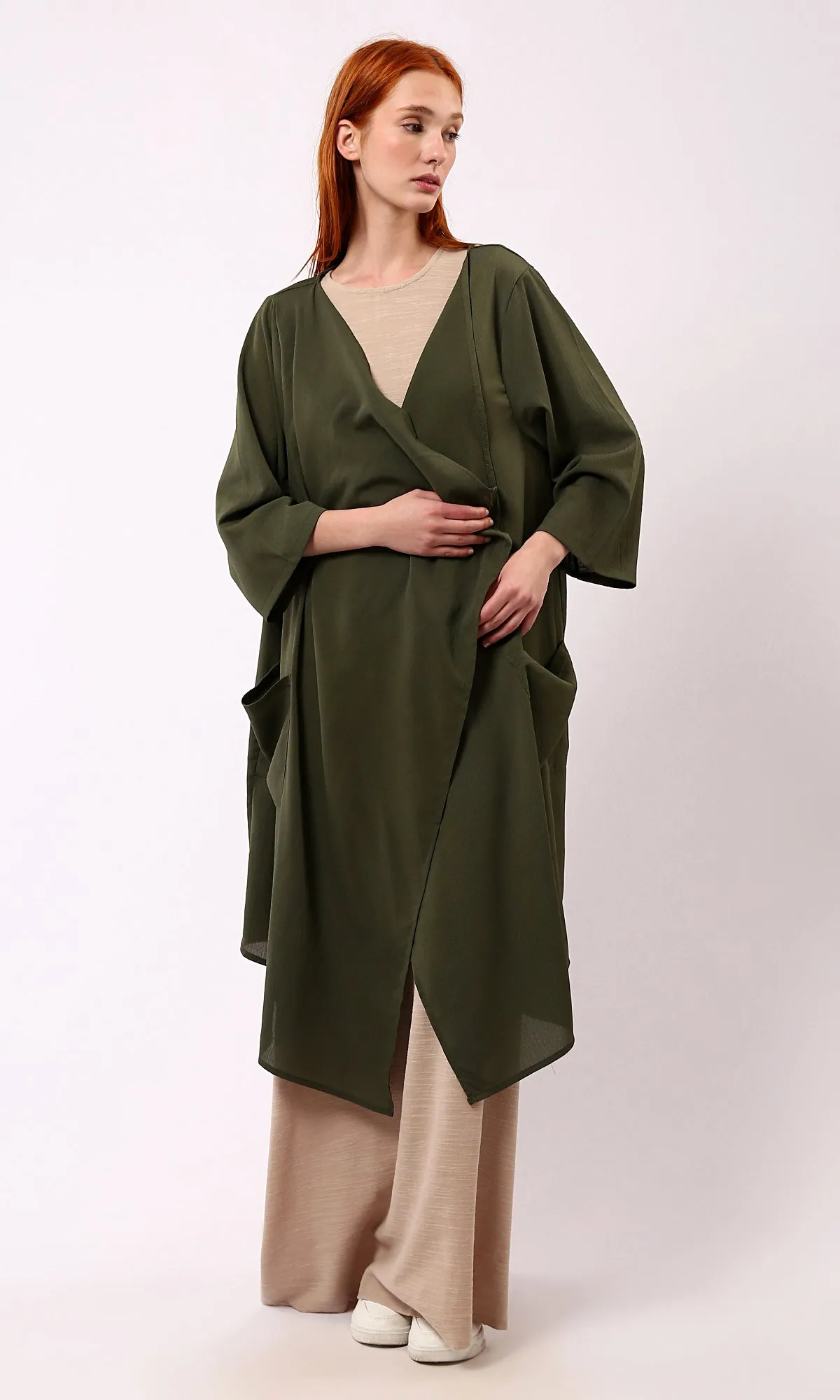 O188299 Asymmetric Neckline Loose Dark Olive Cardigan