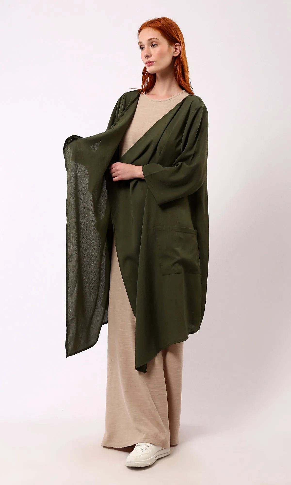 O188299 Asymmetric Neckline Loose Dark Olive Cardigan