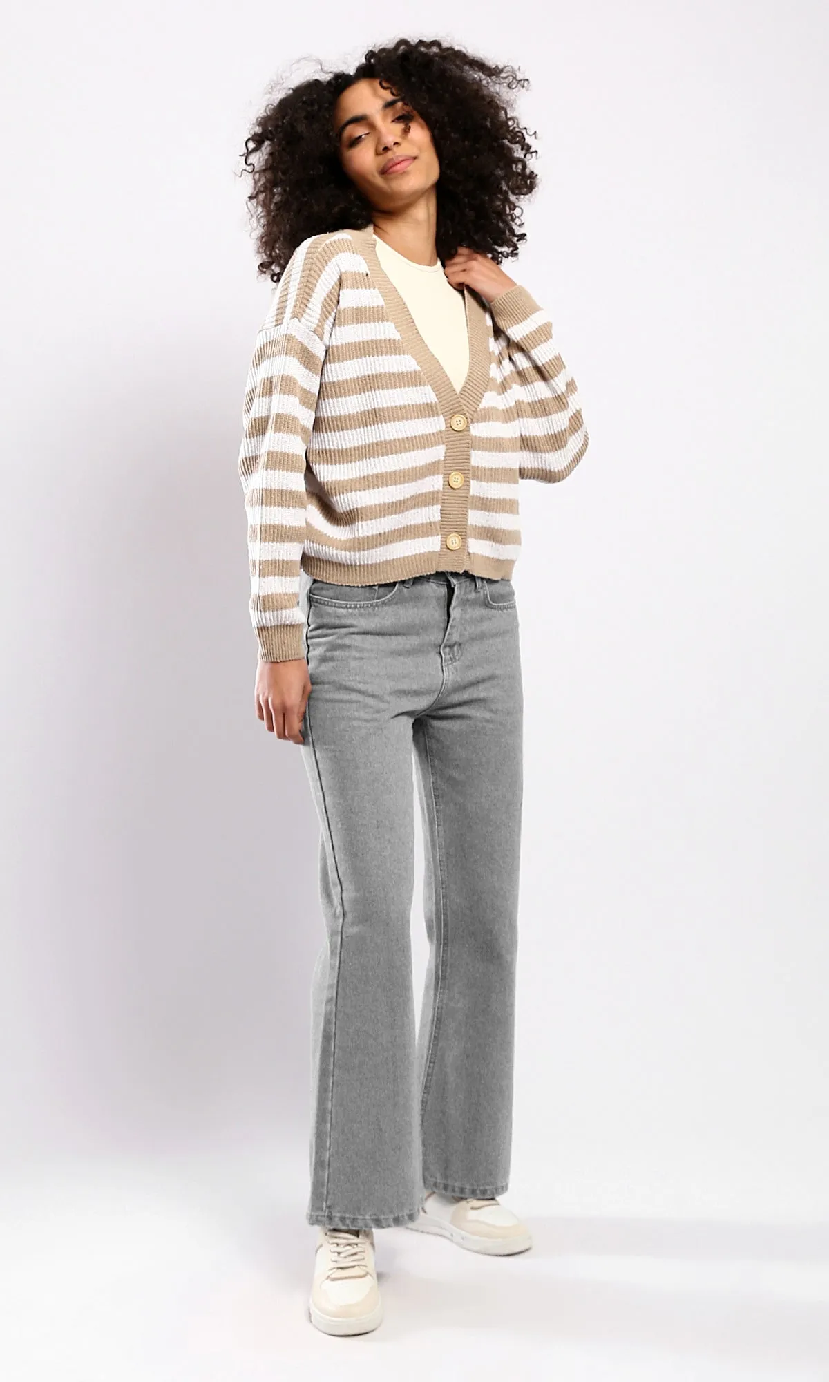 O173656 Dark Beige & White Long Sleeves Short Cardigan