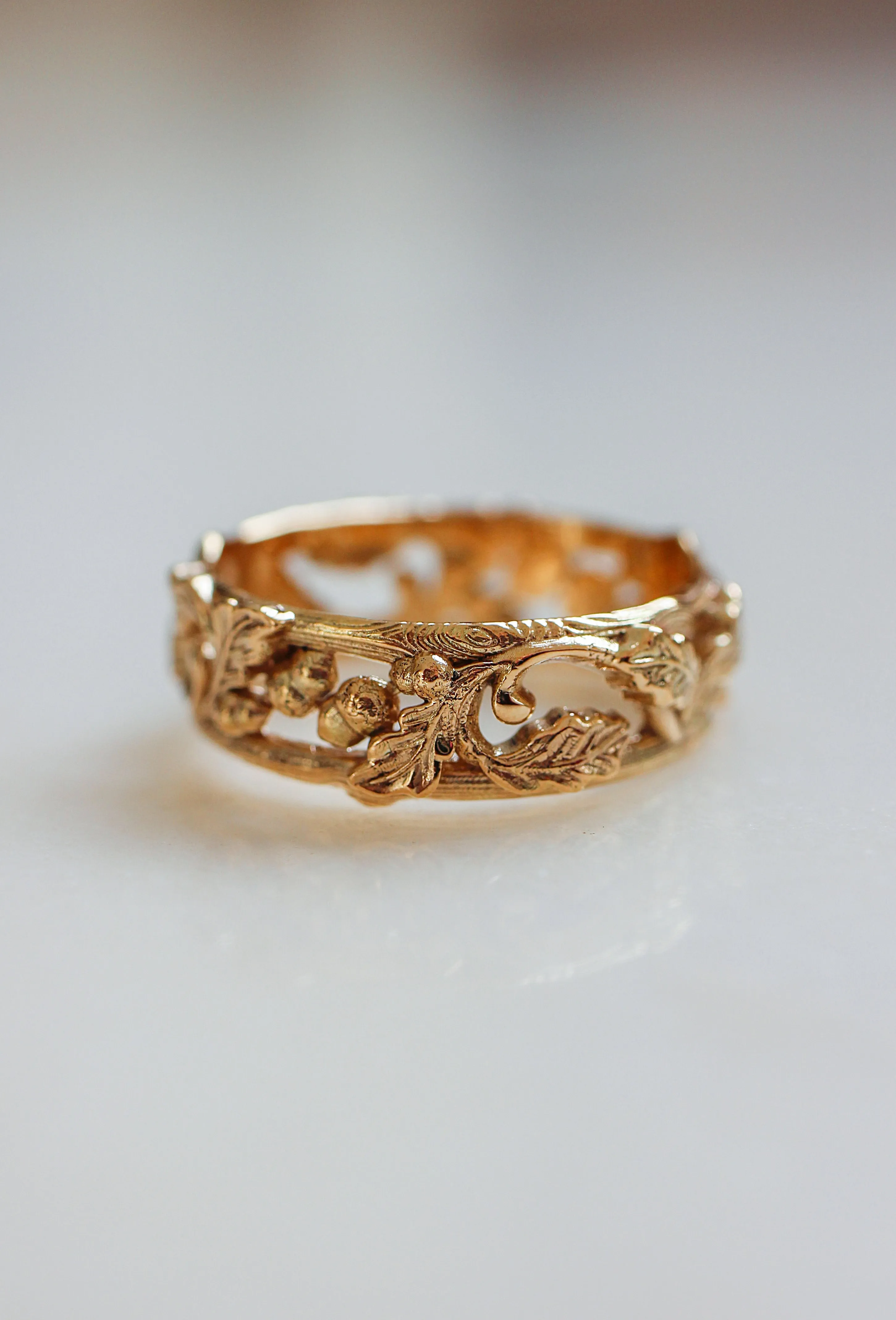 Oak leaves and acorns ring, wedding band for man