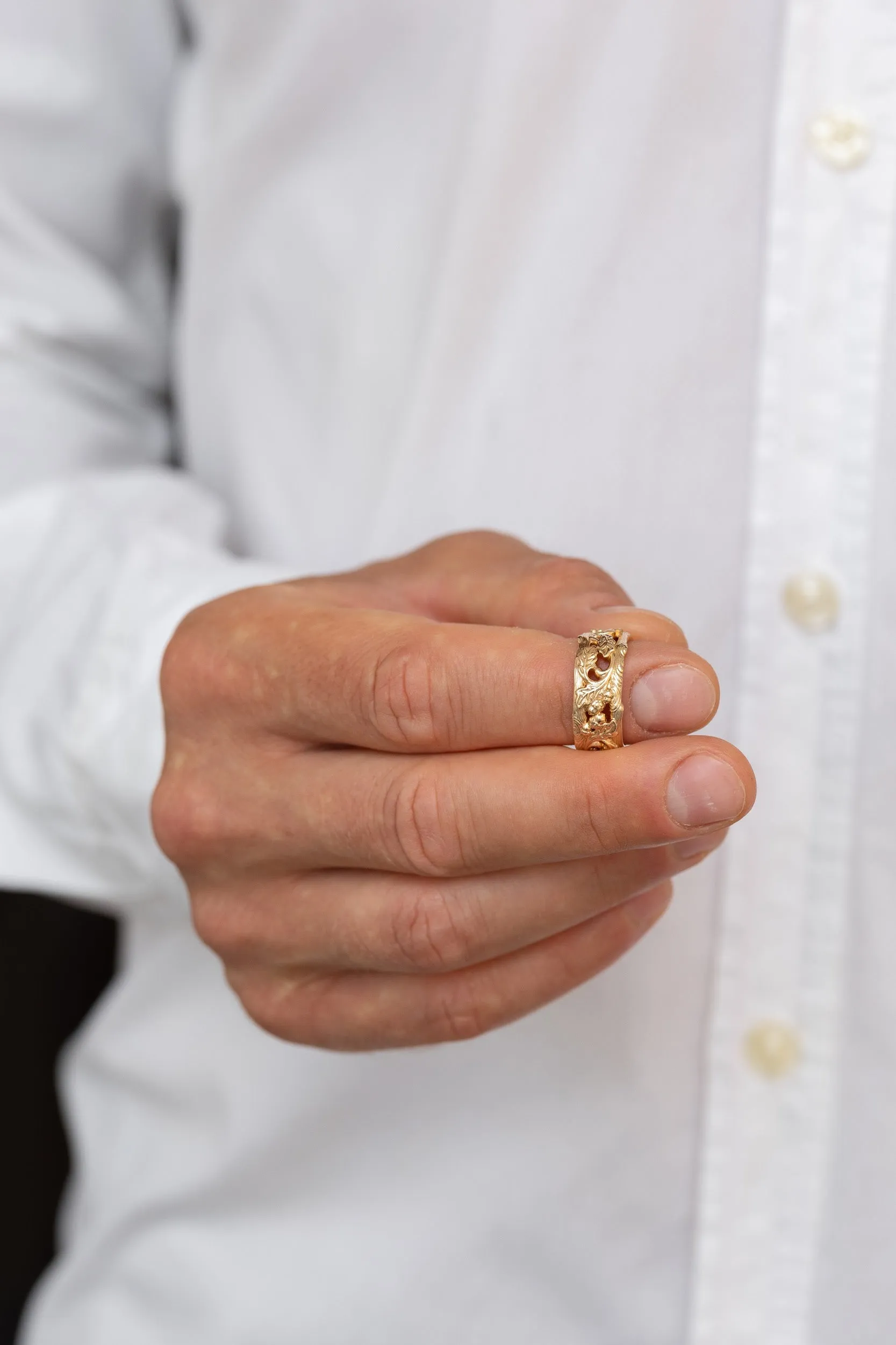 Oak leaves and acorns ring, wedding band for man