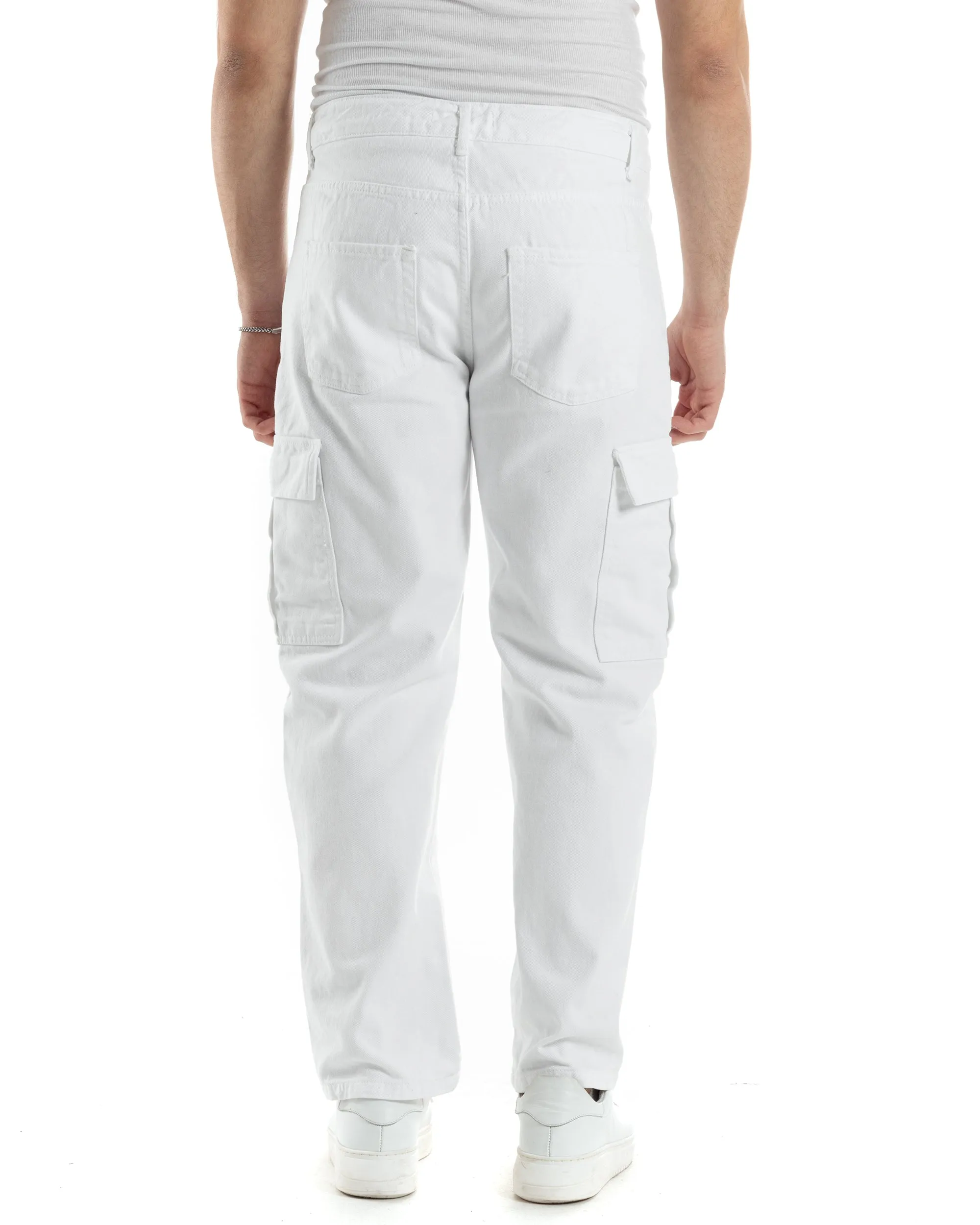 Pantaloni Uomo Cargo Tasconi Jeans Bianco Straight Fit Casual GIOSAL-JS1014A