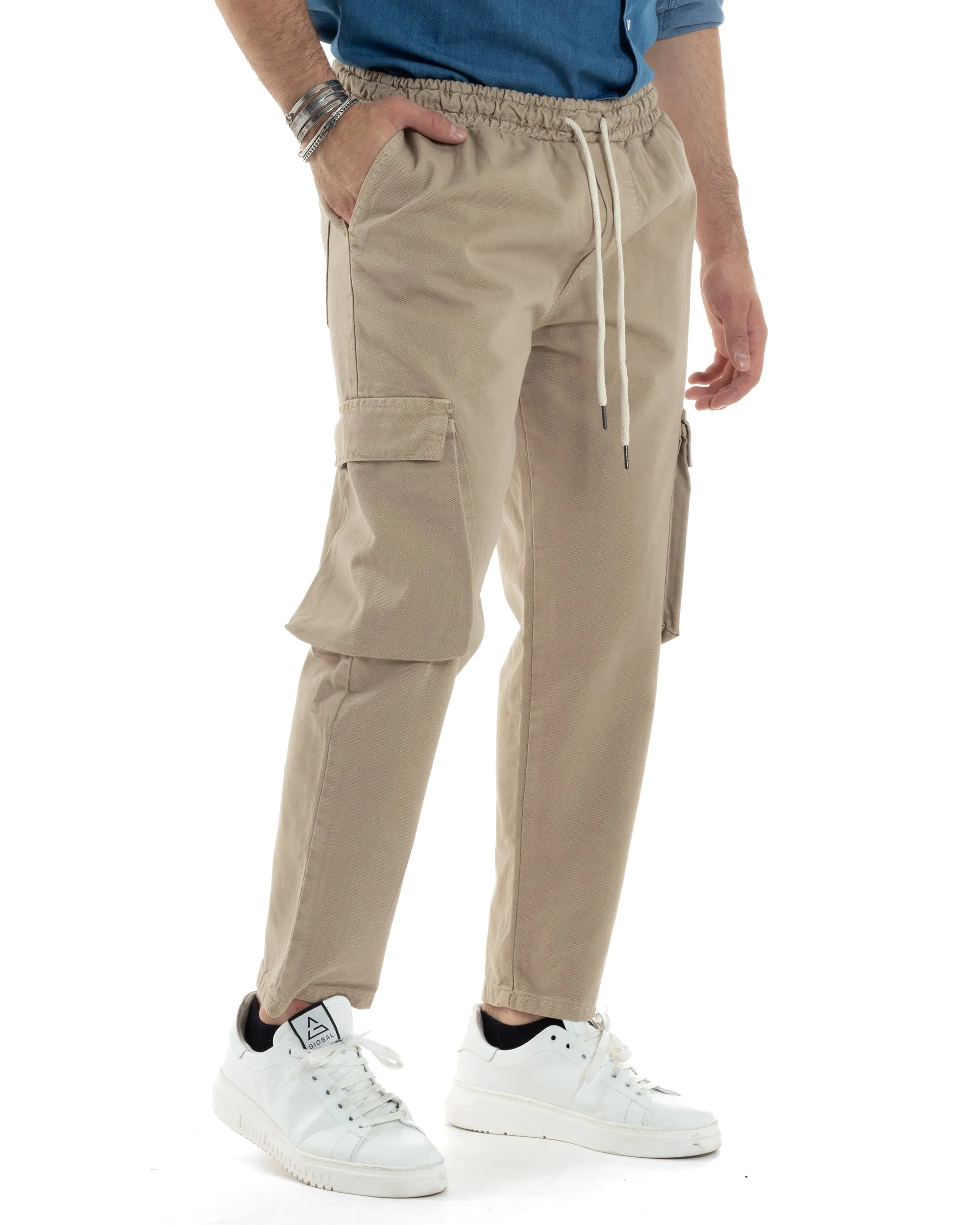 Pantaloni Jeans Uomo Regular Fit Pantalaccio Cargo Jogger Con Tasconi Tinta Unita Beige GIOSAL-JS1031A