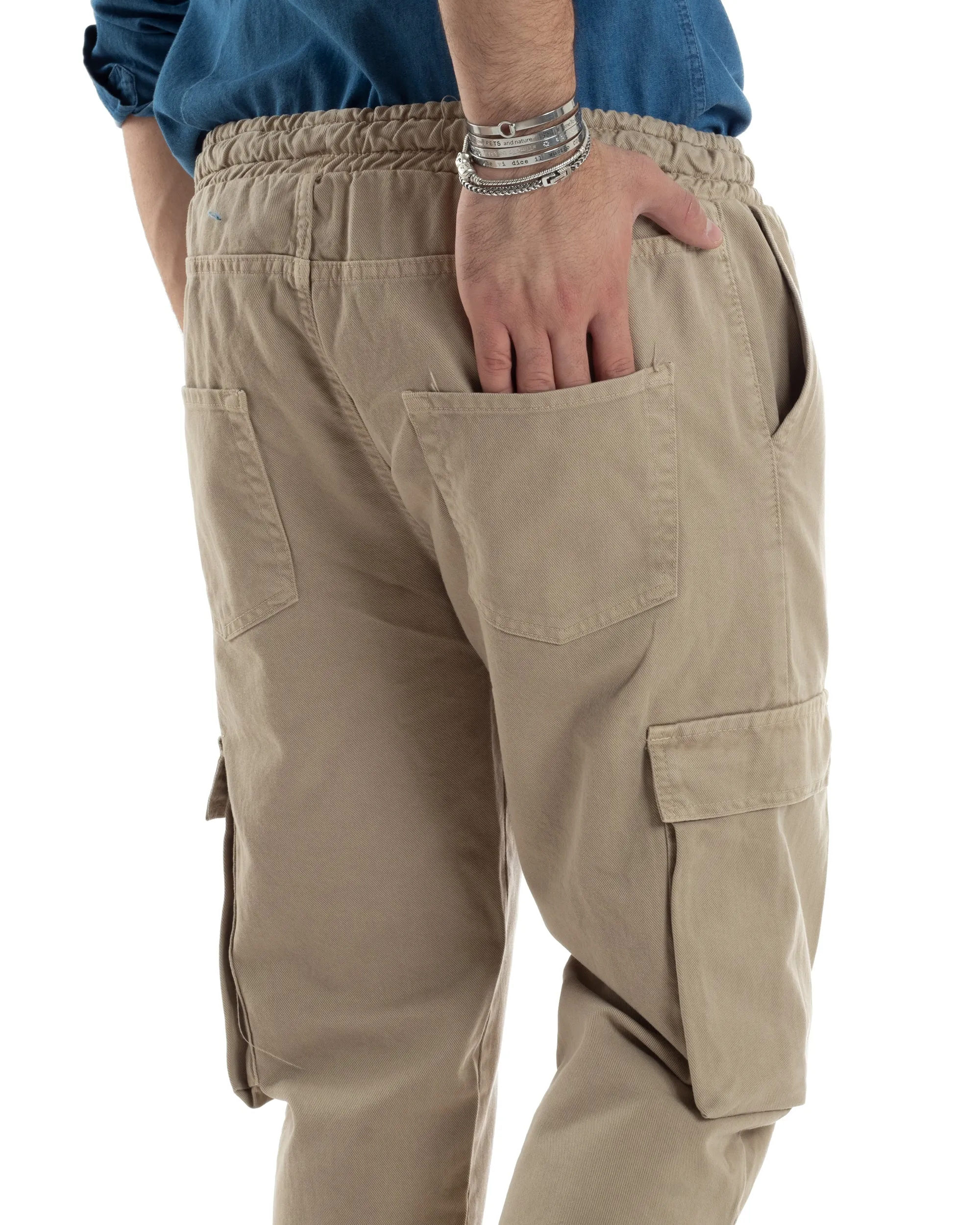 Pantaloni Jeans Uomo Regular Fit Pantalaccio Cargo Jogger Con Tasconi Tinta Unita Beige GIOSAL-JS1031A