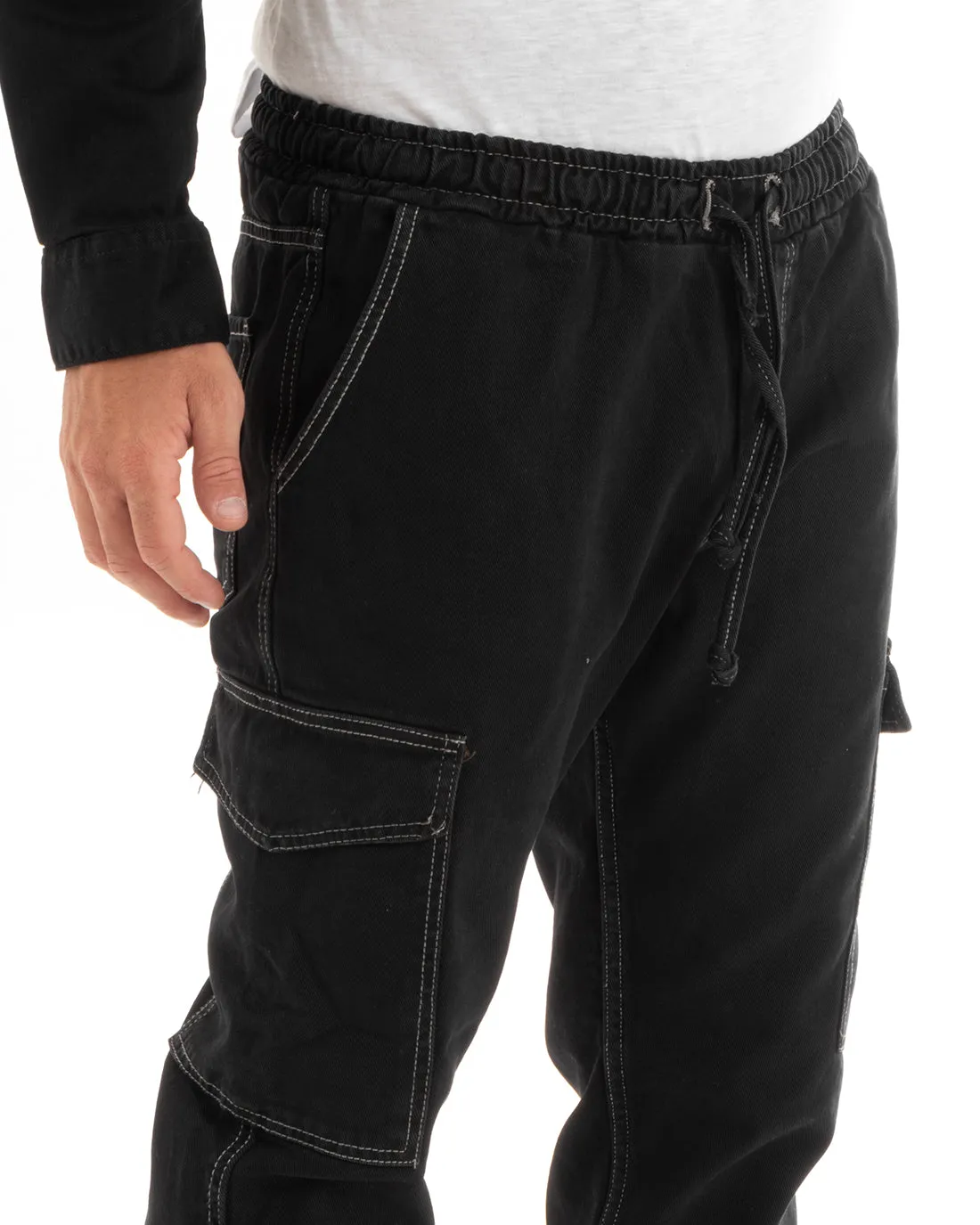 Pantaloni Jeans Uomo Straight Fit Cargo Pantalaccio Nero GIOSAL-P5927A