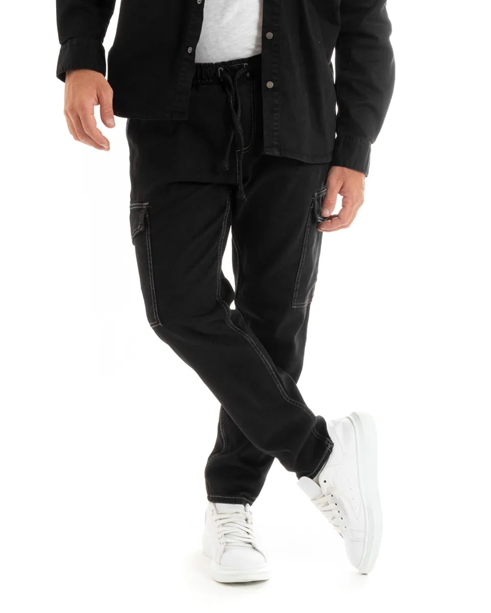 Pantaloni Jeans Uomo Straight Fit Cargo Pantalaccio Nero GIOSAL-P5927A