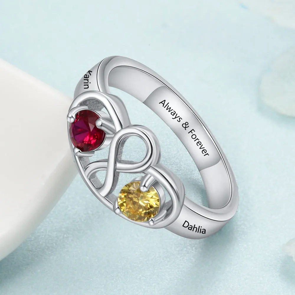 Personalized Infinity Ring with 2 Birthstones Custom Name 925 Sterling Silver Promise Rings for Women Gift