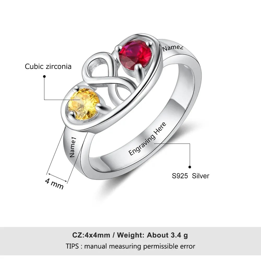 Personalized Infinity Ring with 2 Birthstones Custom Name 925 Sterling Silver Promise Rings for Women Gift